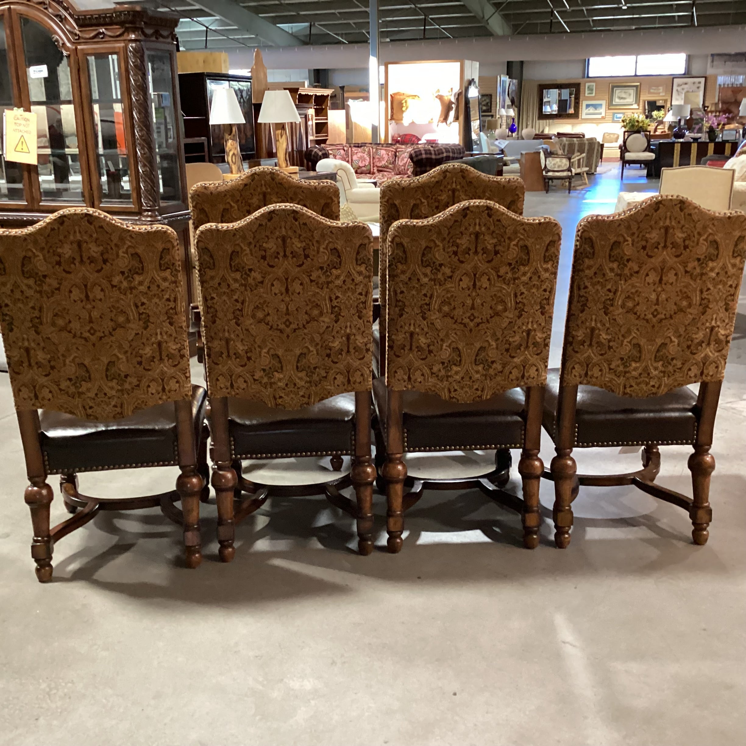 SET of 6 Bernhardt Carved Wood Brown Gold Paisley & Leather Nailhead Dining Chairs 29"x 25"x 49"