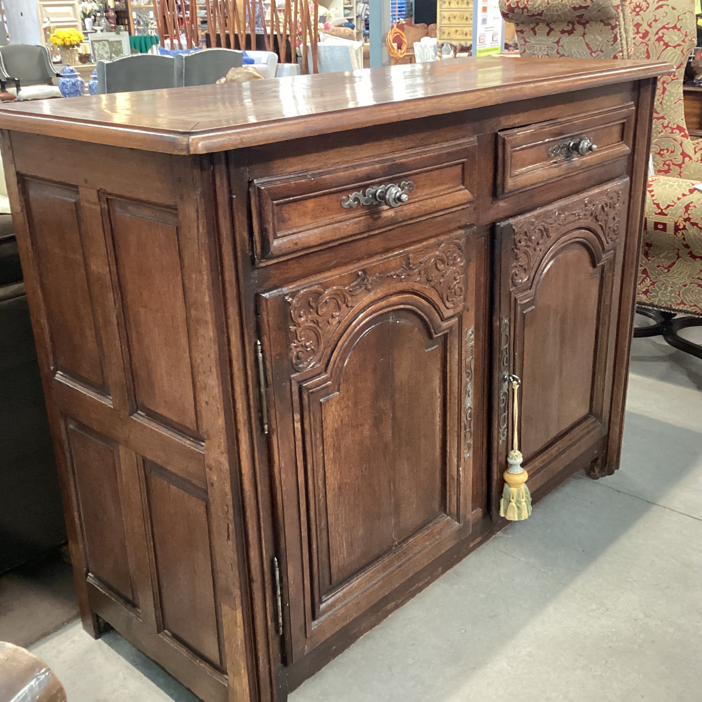 Antique Carved Wood 2 Drawer 2 Door with Shelves Sideboard 58.5"x 24"x 45"
