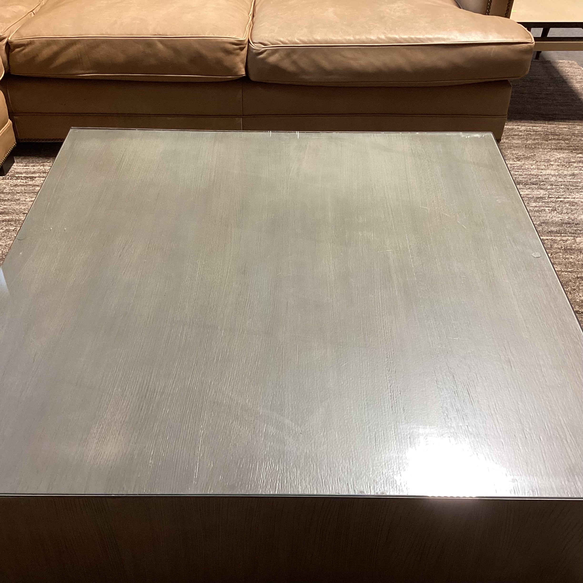 Modern Grey Sage Finished Oak & Glass Top Coffee Table 48"x 48"x 14.5"
