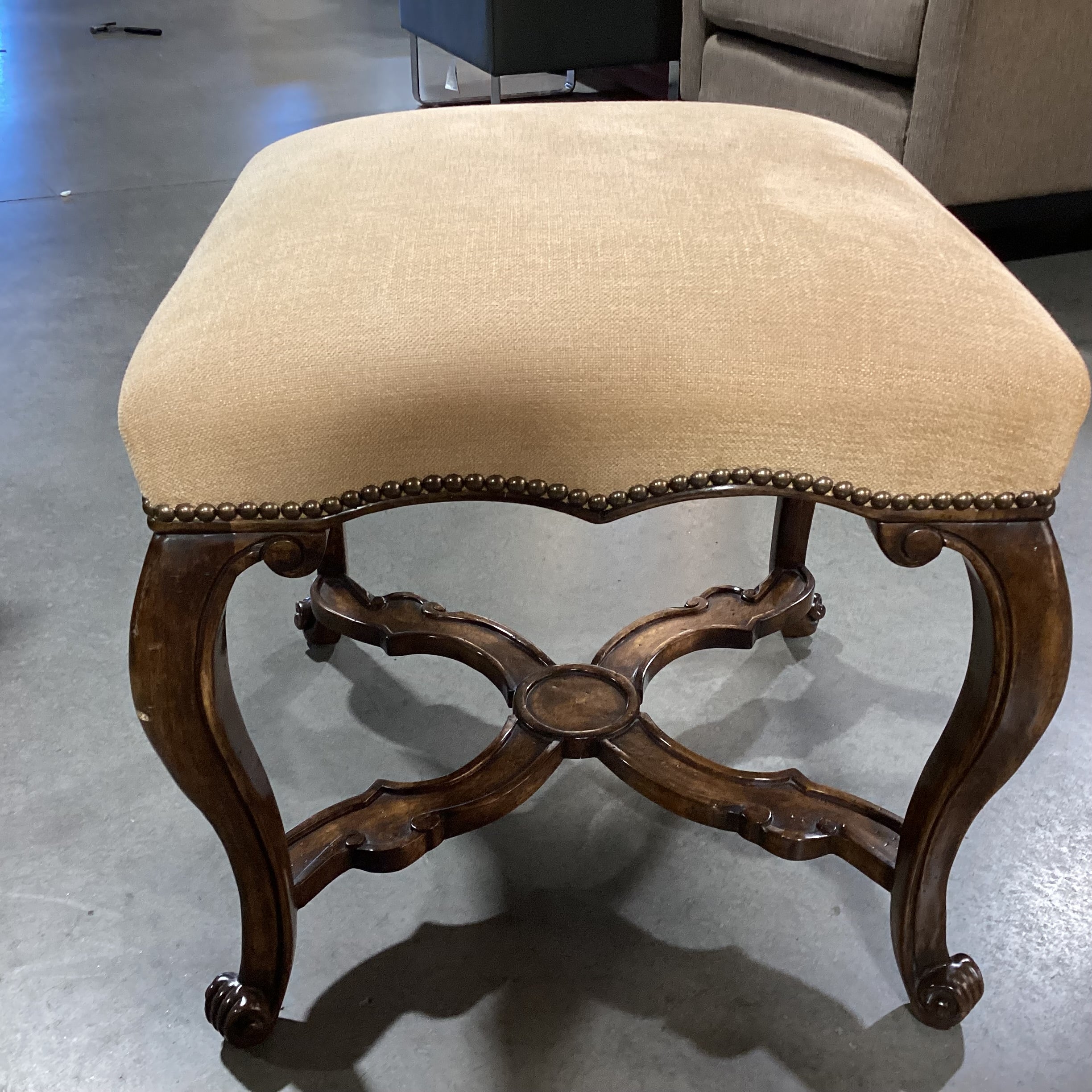 Minton Spidell Ornate Carved Wood & Golden Woven Nailhead Ottoman 21"x 21"x 20"