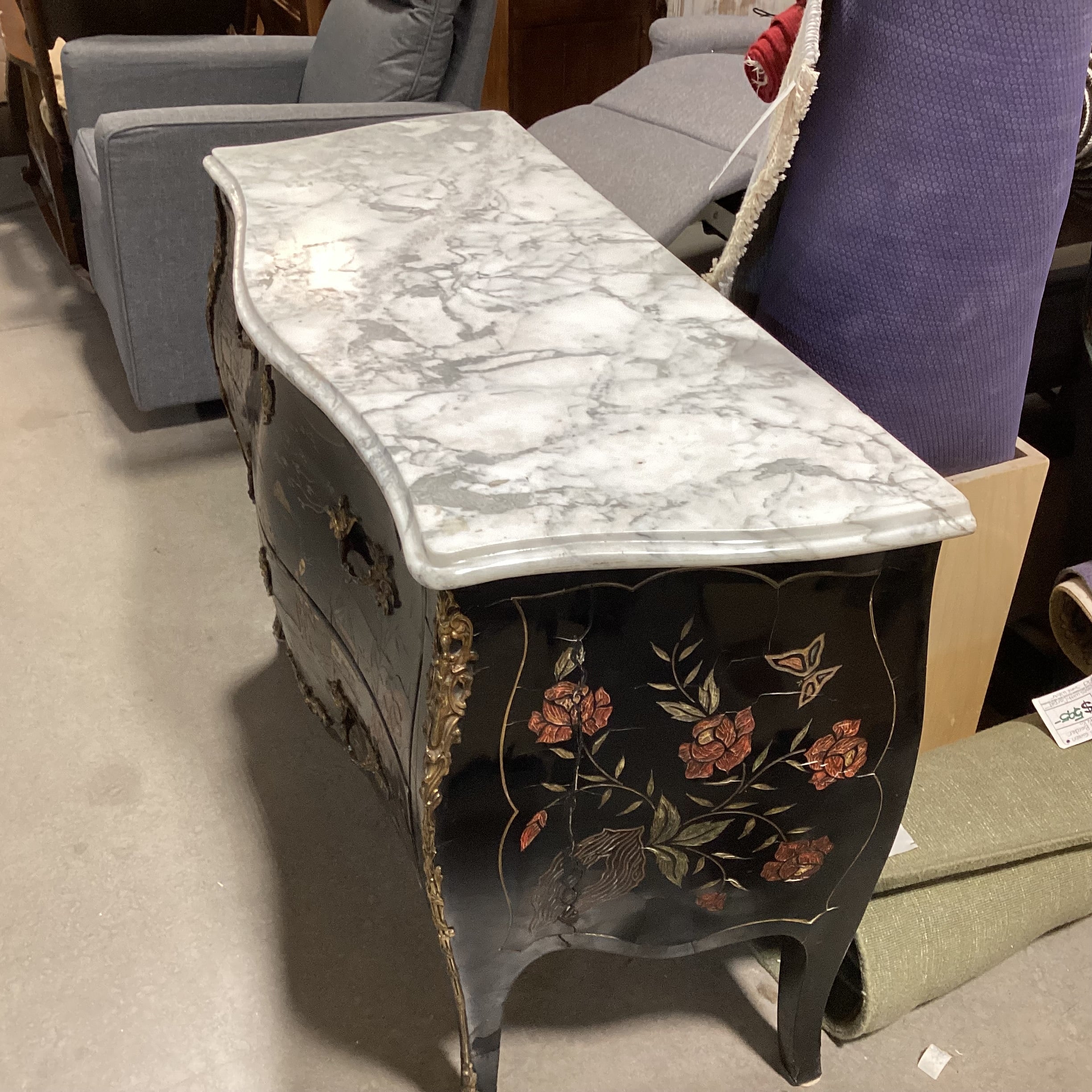 Chinoiserie & Marble Top 2 Drawer Chest 47"x 19.5"x 32"