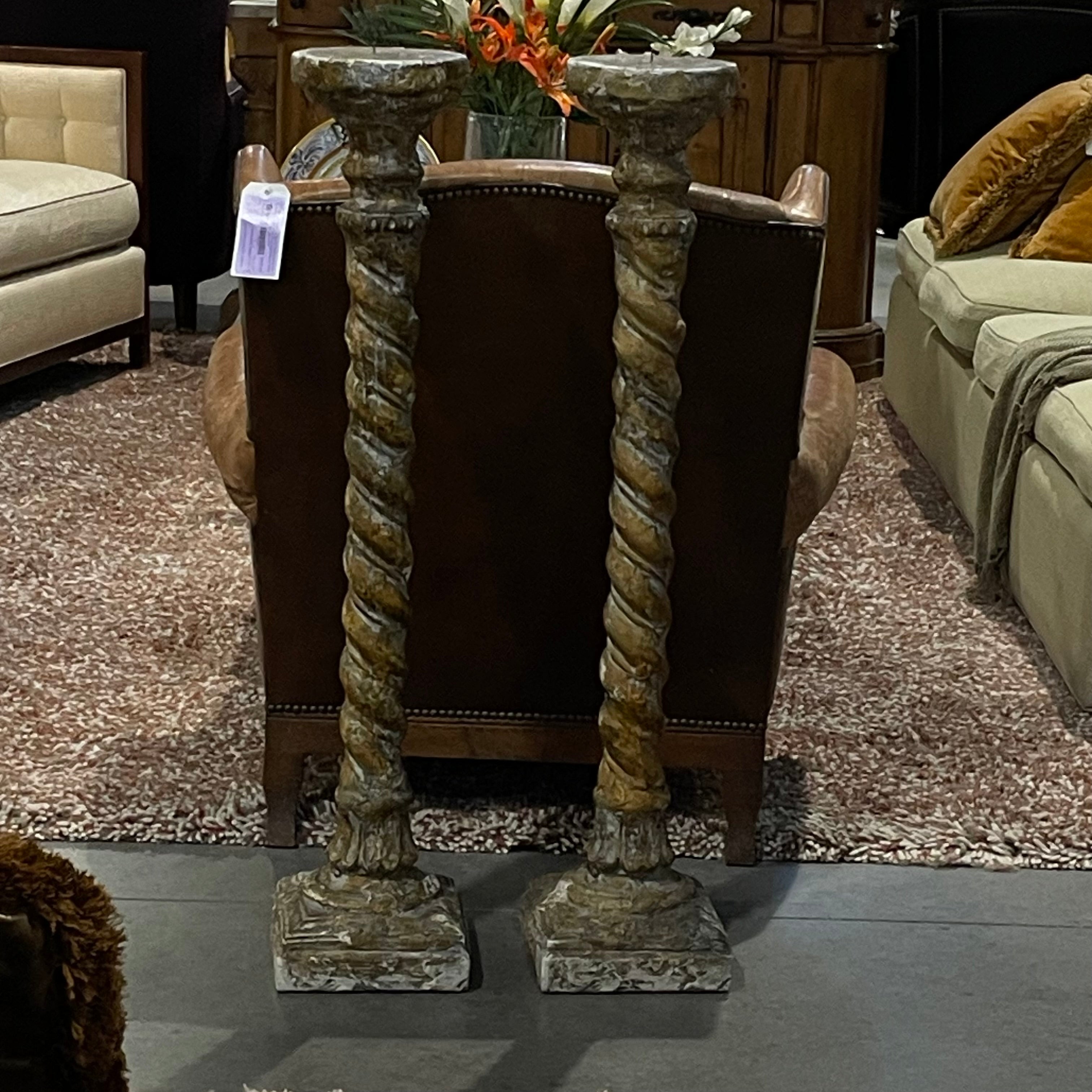 Vintage Original Signed Attila Tivadar Reproduction Cast Stone Composite Neoclassical Barley Twist Candle Holders, Pair