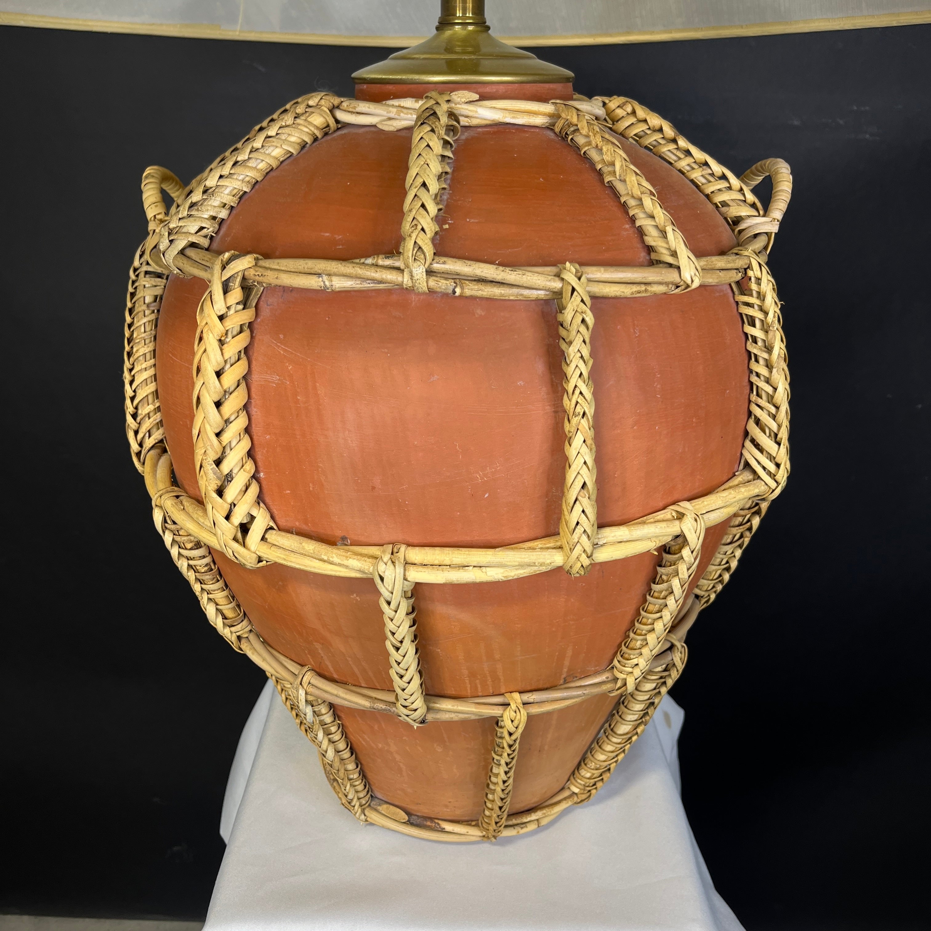 Oversized Terracotta and Woven Rattan with Shade Table Lamp 25” Diameter @ Shade x 34”
