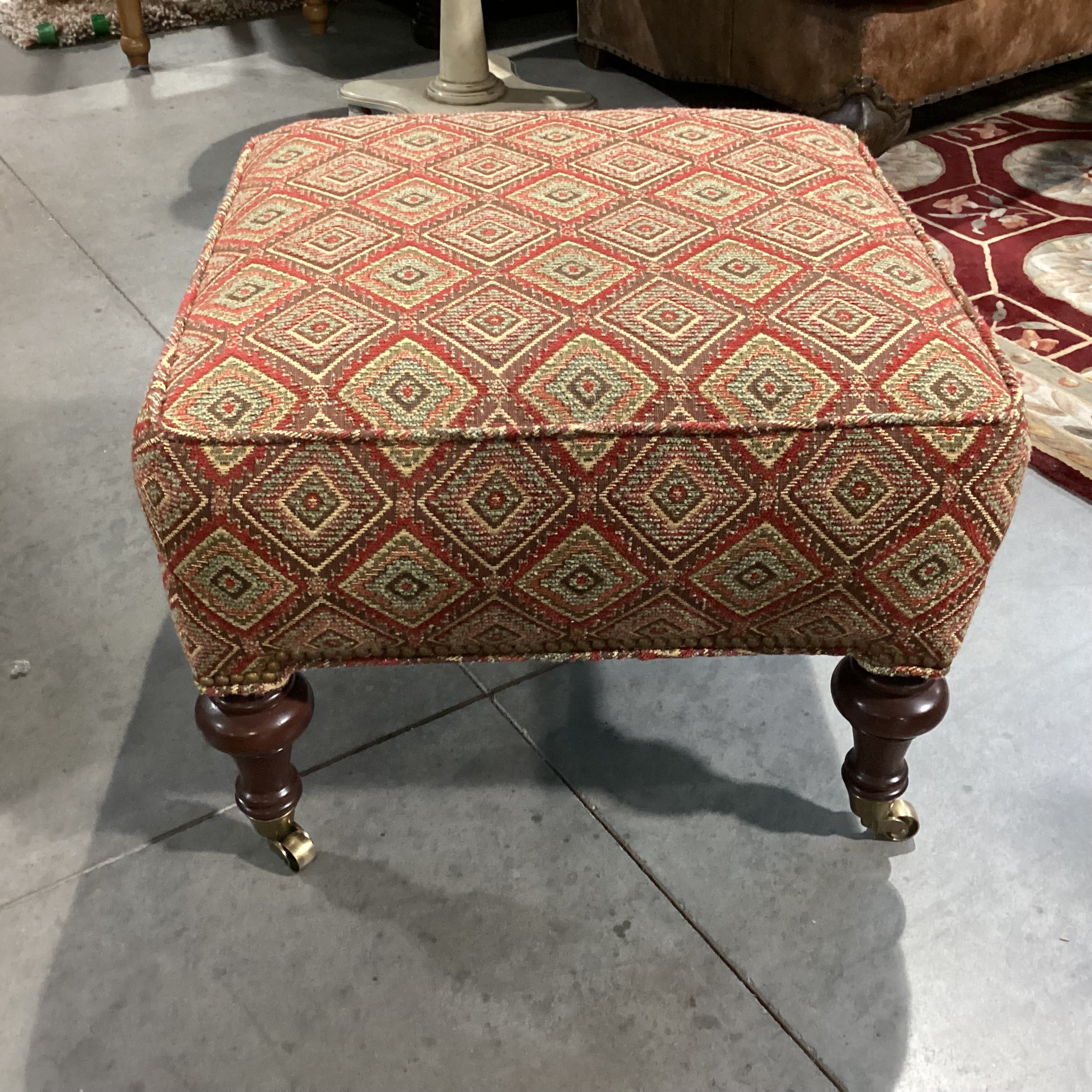Dindy Foster Interiors Brown Gold Red Sage Woven Diamond Pattern & Carved Wood Brass Casters Ottoman  24"x 24"x 18"