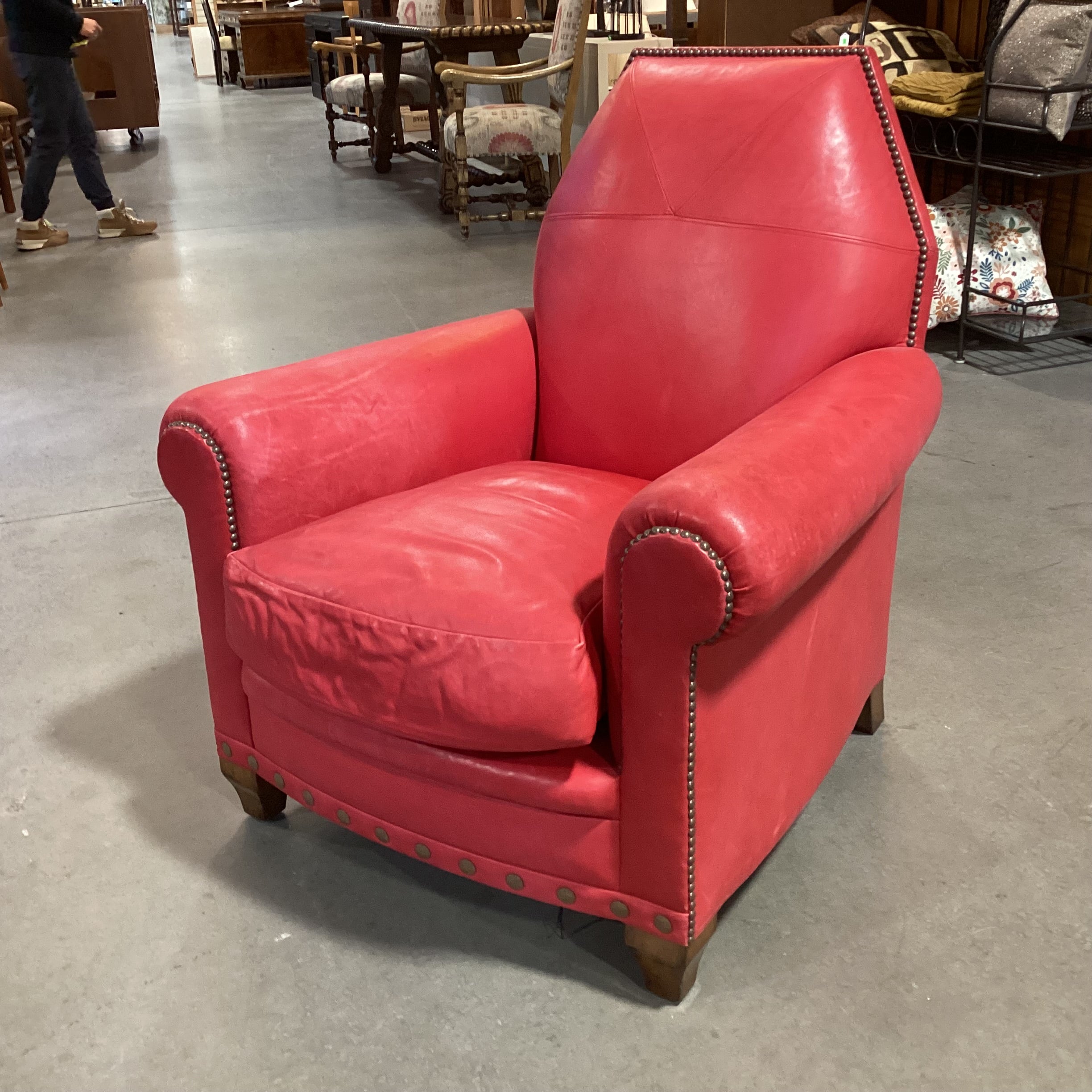 JJ Custom Red Leather Nailhead High Back Chair 35"x 37"x 38.5"