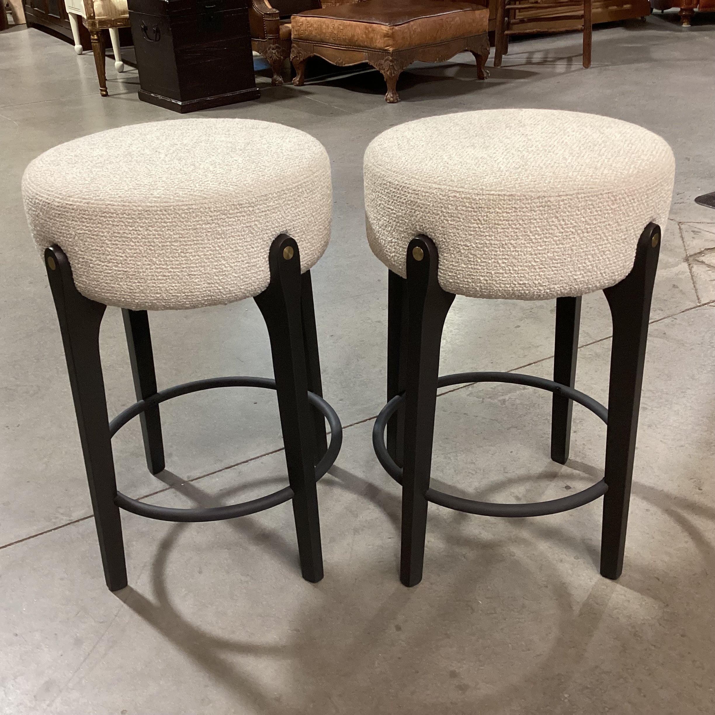 SET of 2 Arhaus Bottoni Italian BoucleDark Finish Wood & Metal with Brass Accent Bar Stools 24"