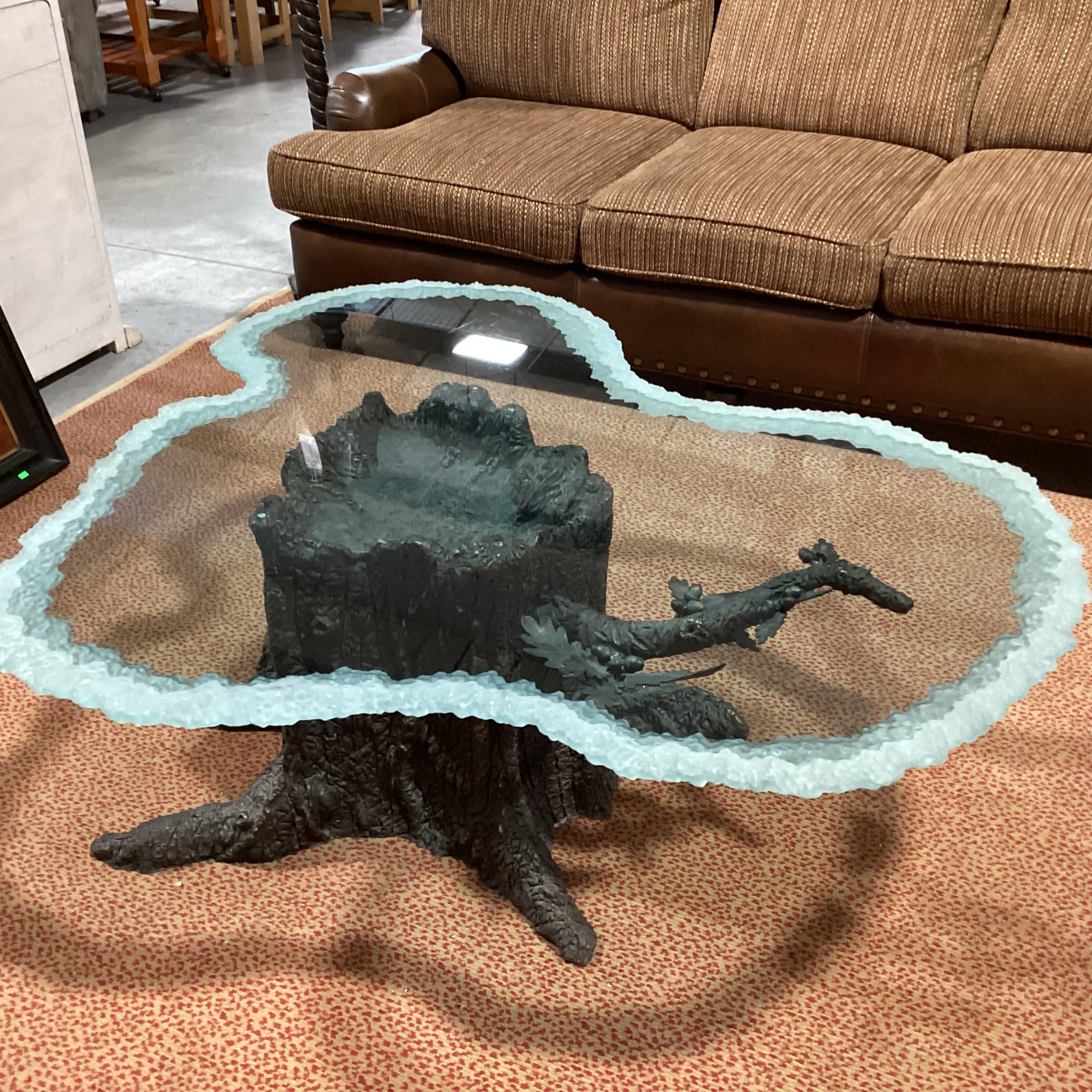 Kevin Clark Resin Cast & Iron Acorn Leaf Tree Trunk with Frosted Live Edge Glass Coffee Table 55"x 48"x20"