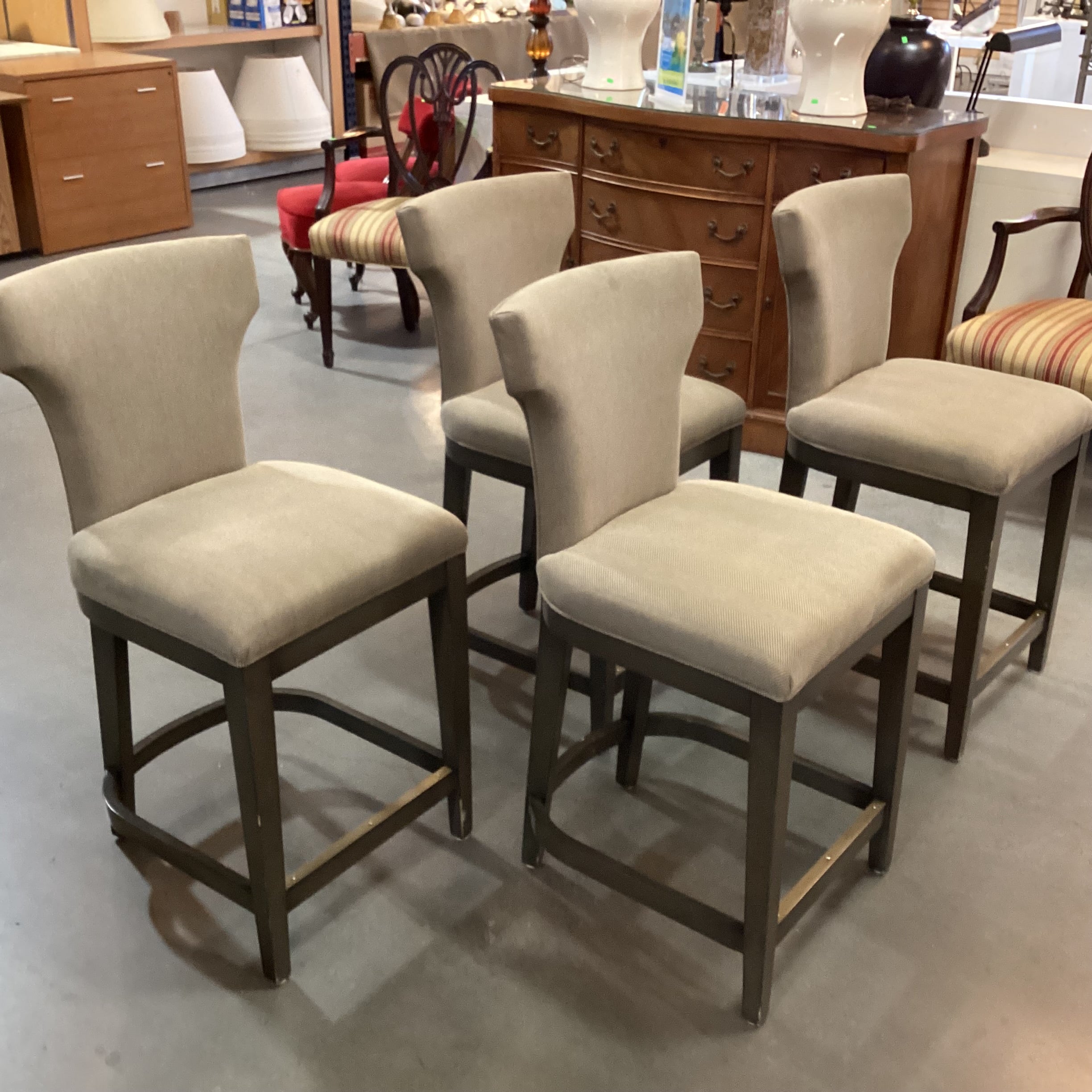 SET of 4 Green Grey Finish & Cream Tan Woven Wing Back Counter Height Barstools 24"