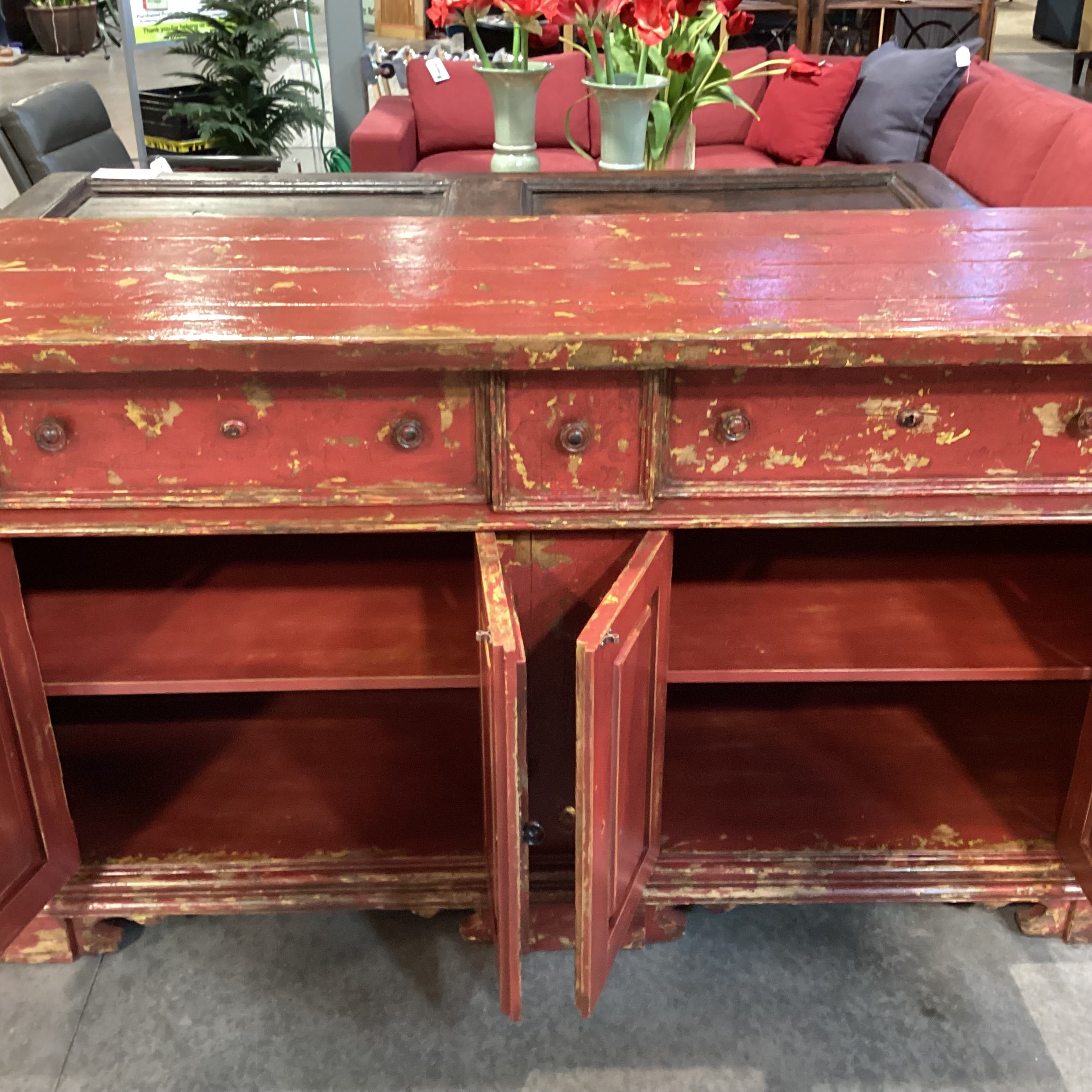 Red & Gold Textured Antiqued Finish Solid Wood 5 Drawer 4 Door Credenza 83"x 22"x 39"