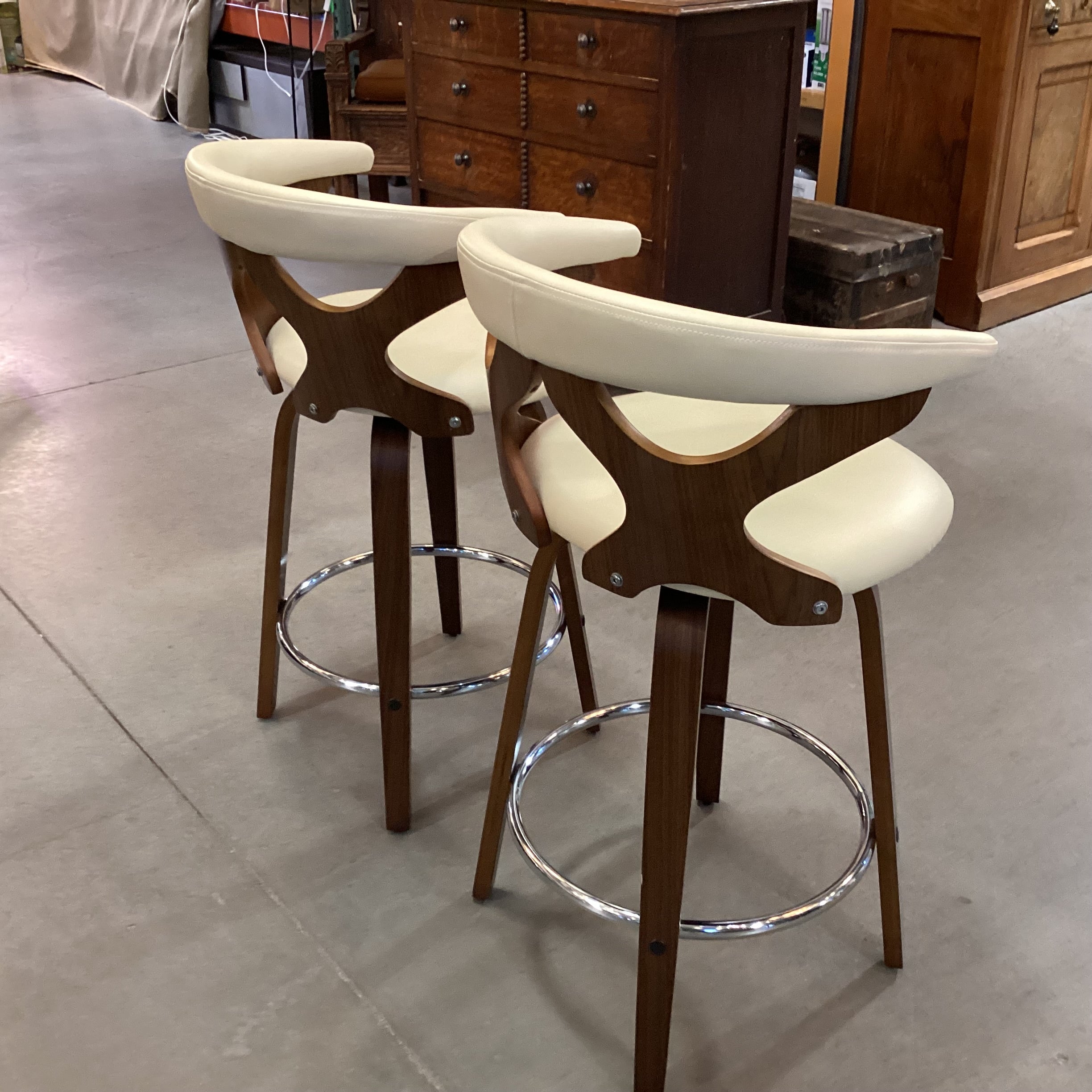 SET of 2 Lumisource Gardenia Mid Century Style Faux Cream Leather & Wood Barstools 25"