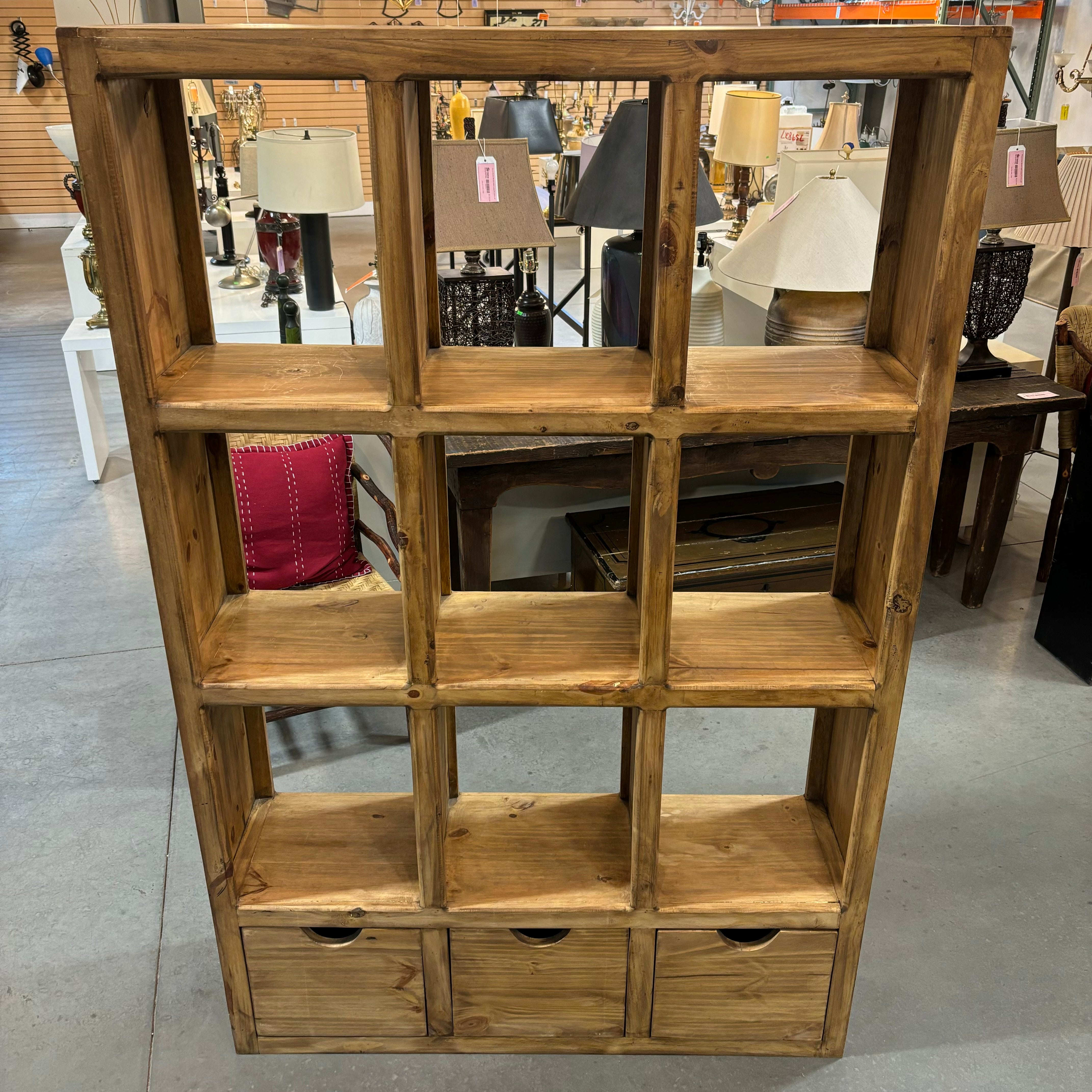 Natural Style Solid Pine 9 Cubby with 3 Drawers Bookcase 49"x 14"x 75"
