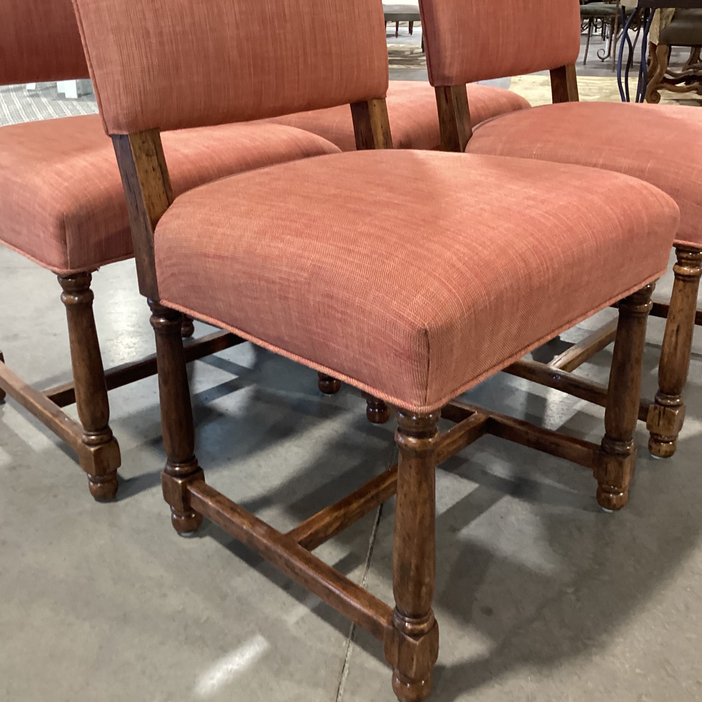 Set Of 4 Carved Wood Red Orange Woven Linen Dining Chairs 21"x 20"x 42.5"