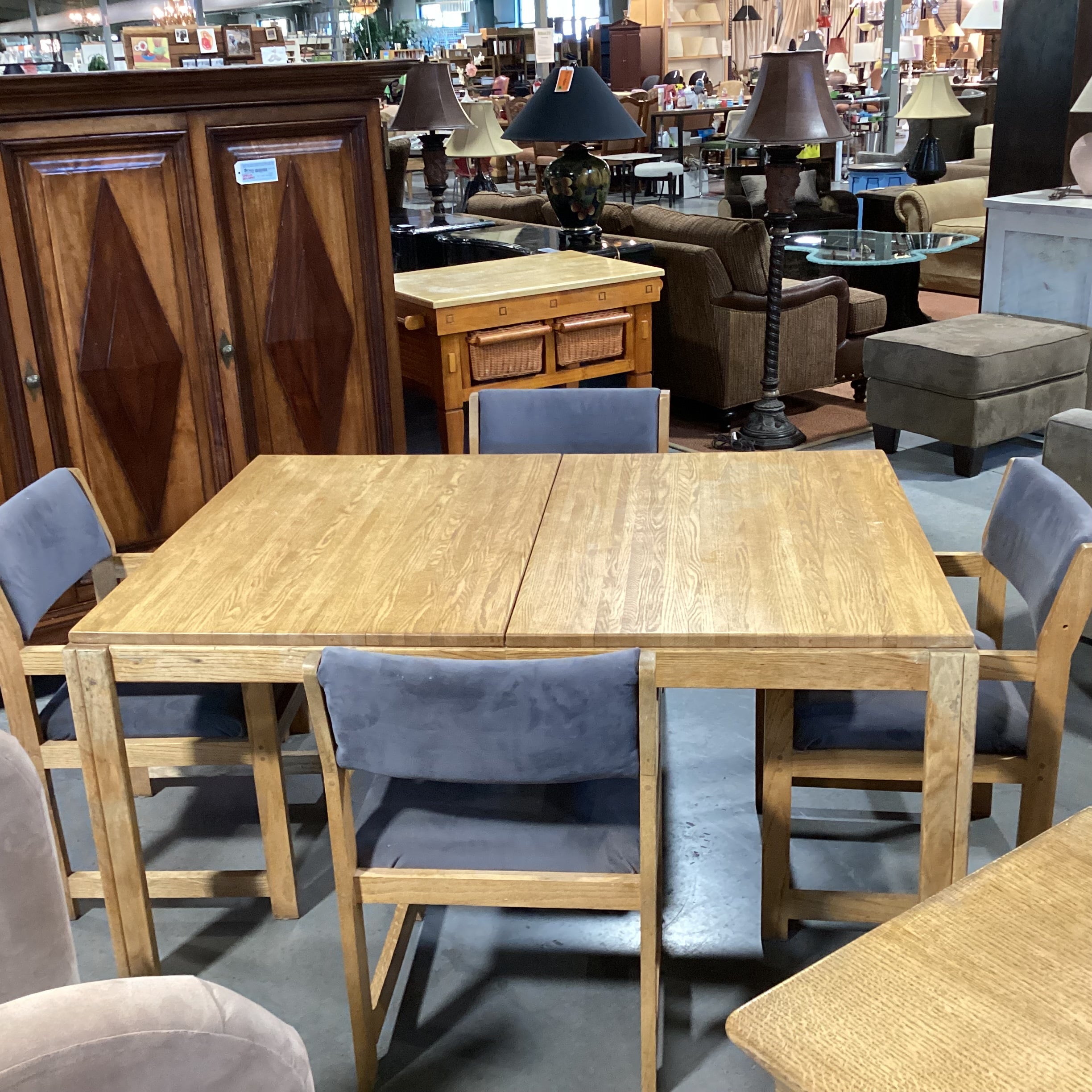Vintage Oak Table with 4 Grey Velvet Chairs Dining Set 59"x 42"x 29.5"