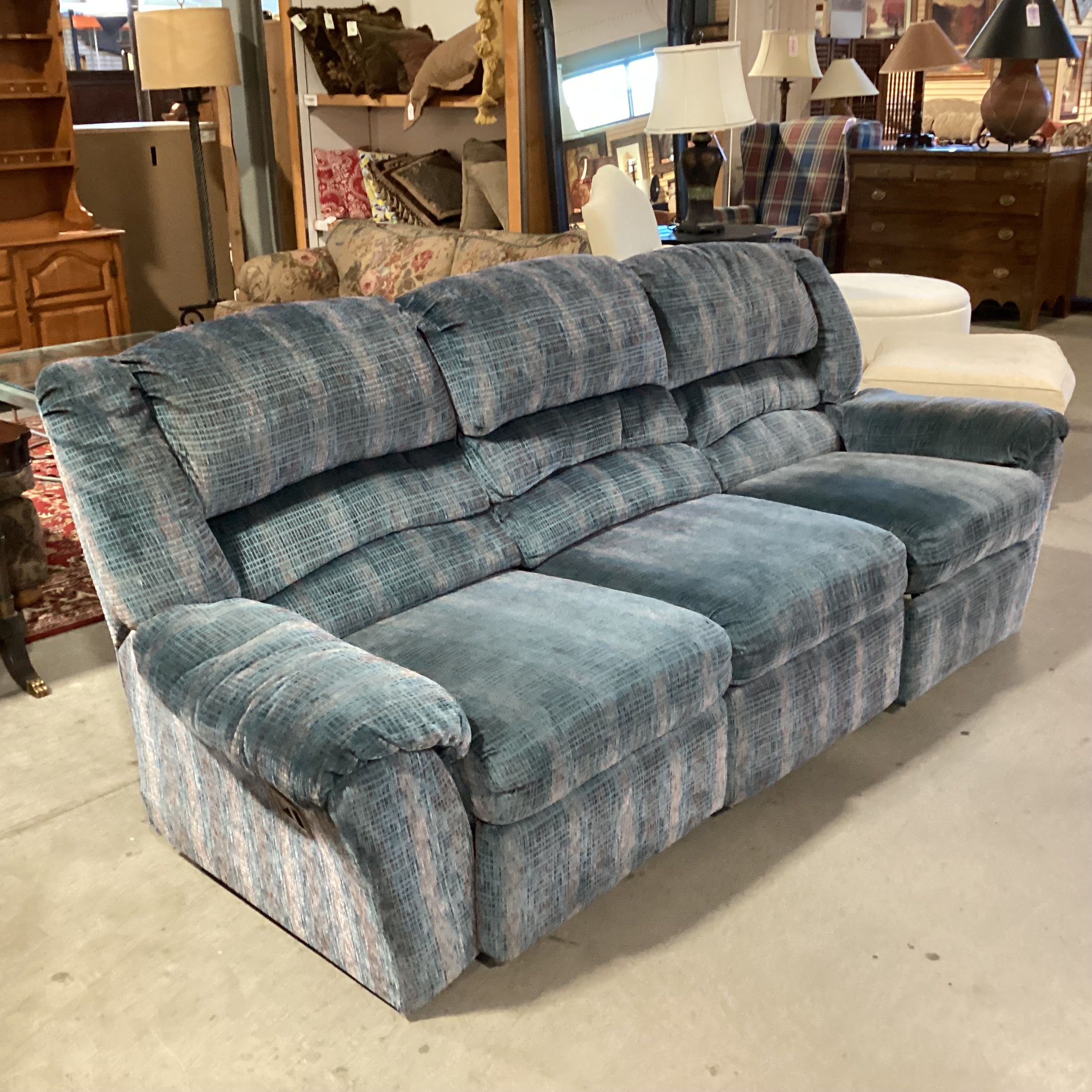 Action Industries Teal Blue with Light Red Grid Woven Double Recliner Sofa 96"x 38"x 37"