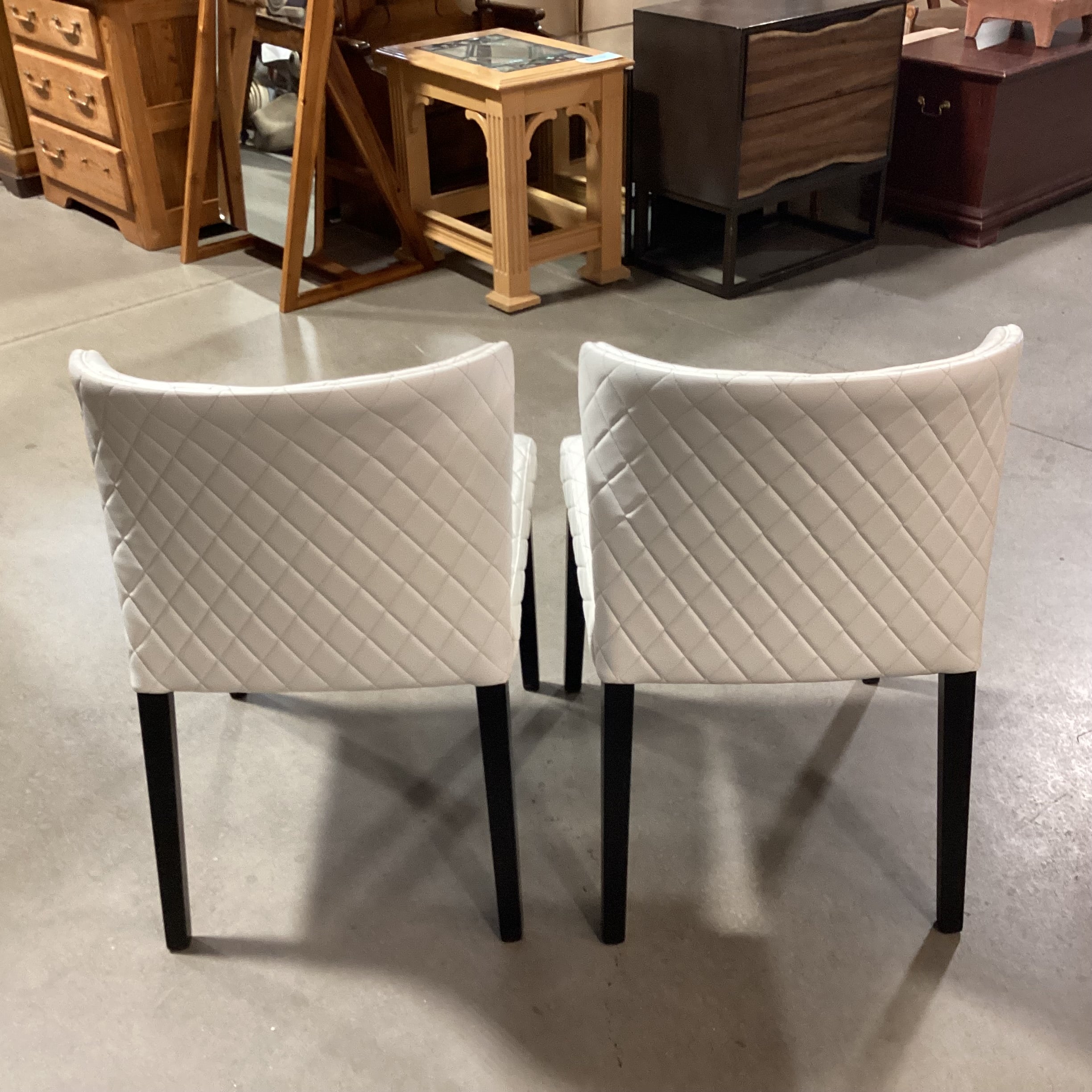 SET of 2 Crate & Barrel Curan White Quilted Faux Leather & Black Wood Dining Chairs 21"x 23"x 32"