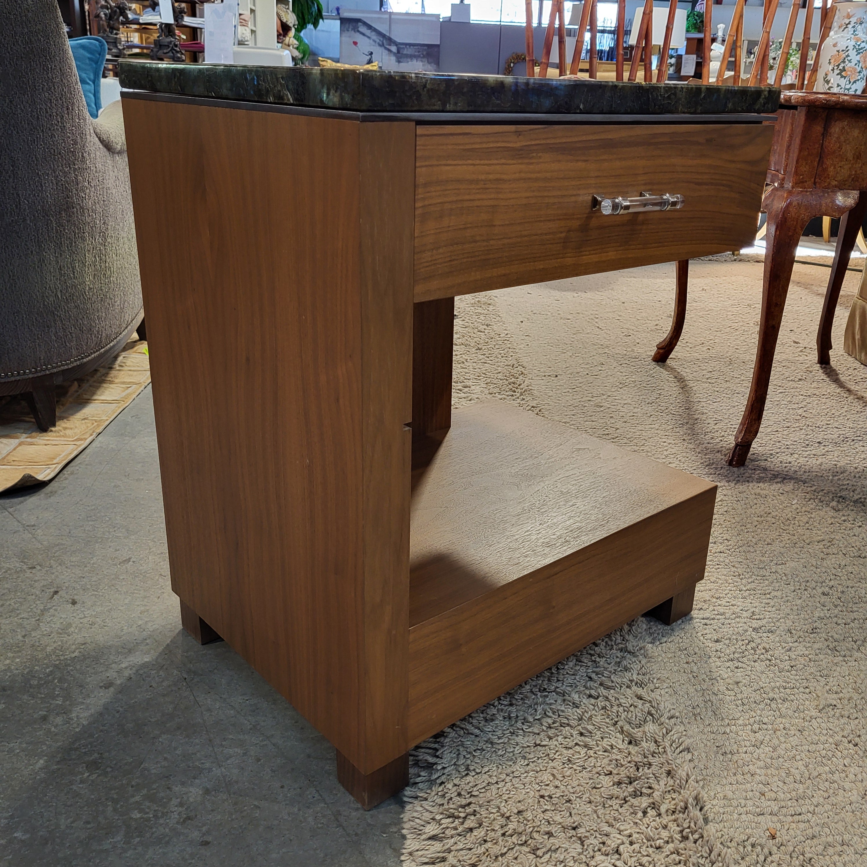 Custom Walnut Soft Close Drawer & Green Black Stone Top Nightstand 24"x 18"x 29"