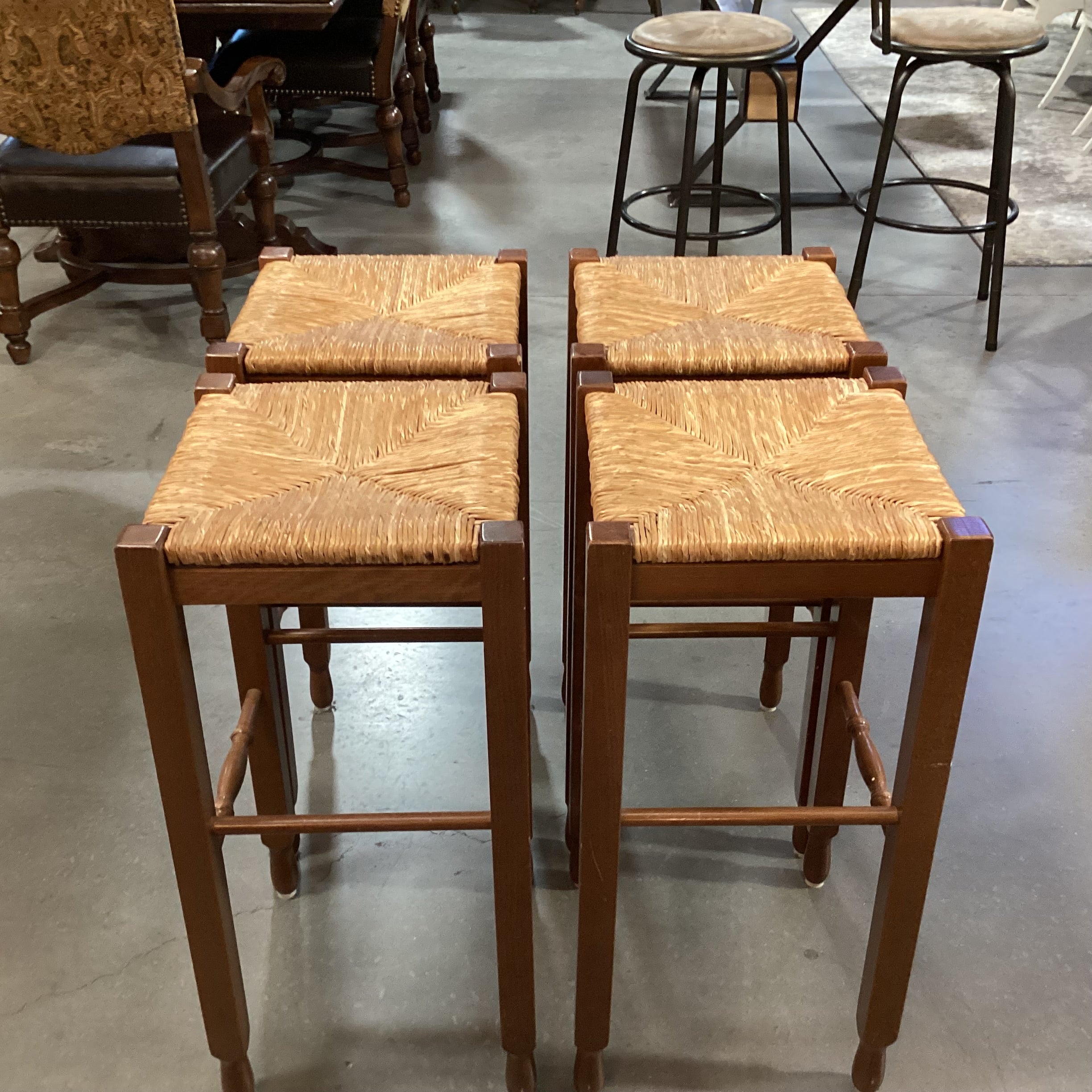 SET of 4 Carved Wood & Rush Seat Barstools 30"