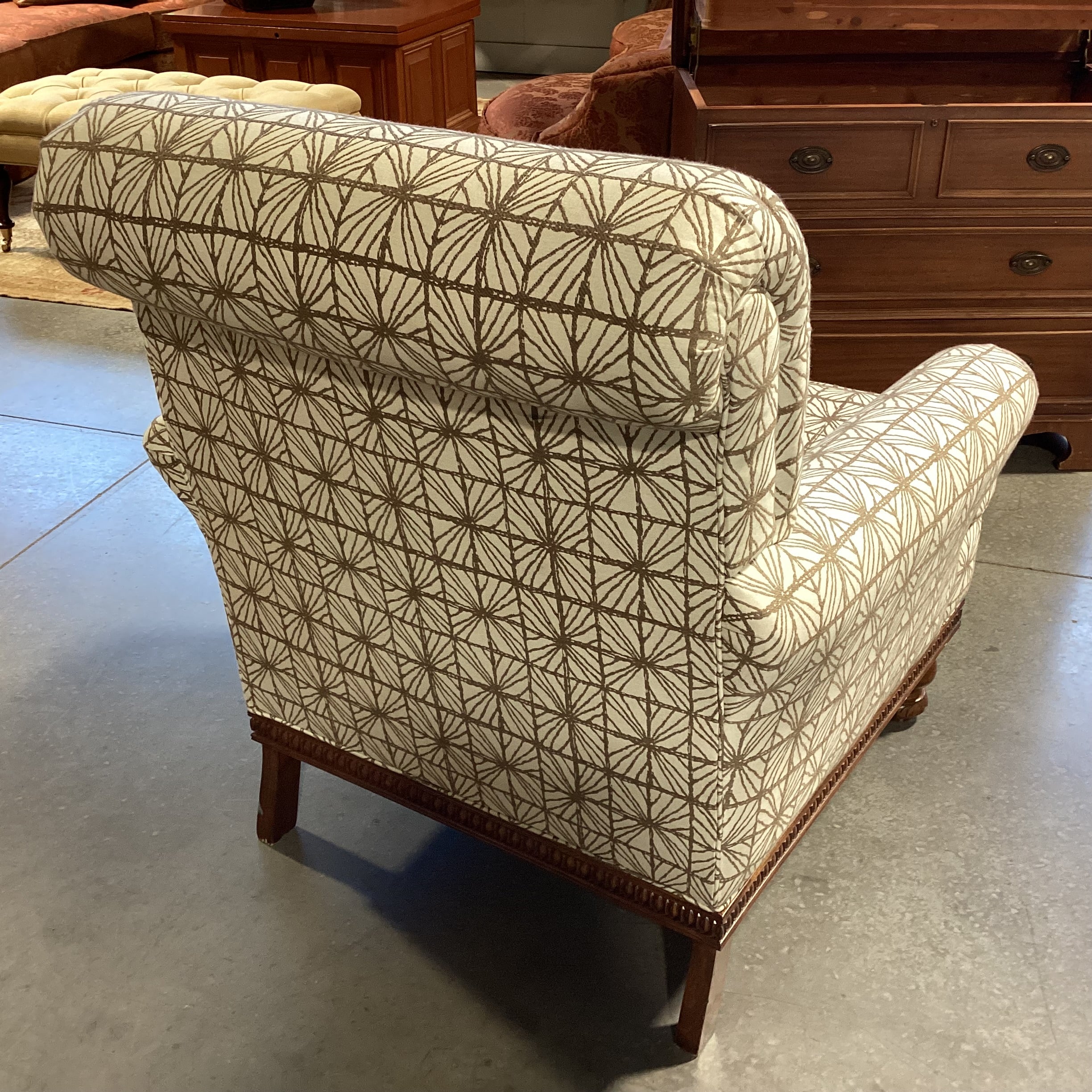 Ivory with Taupe Pattern Linen & Carved English Walnut Finish Chair 36"x 36"x 39"