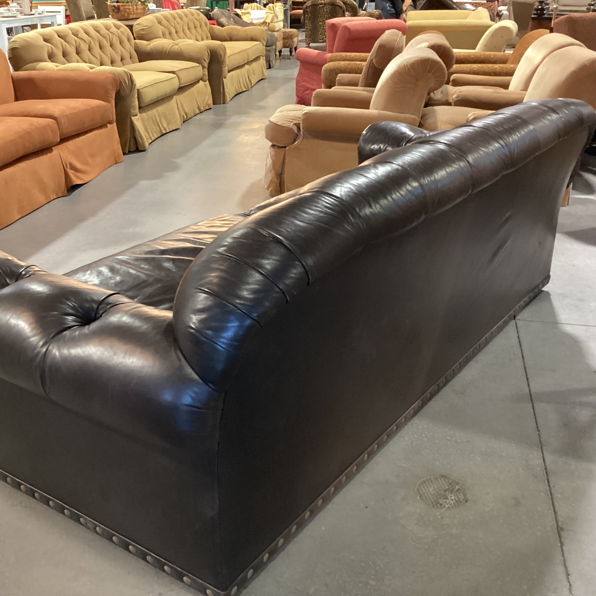 JJ Custom Dark Espresso Leather Tufted Down Mix with Nailhead Detail Sofa 98"x 40"x 36"