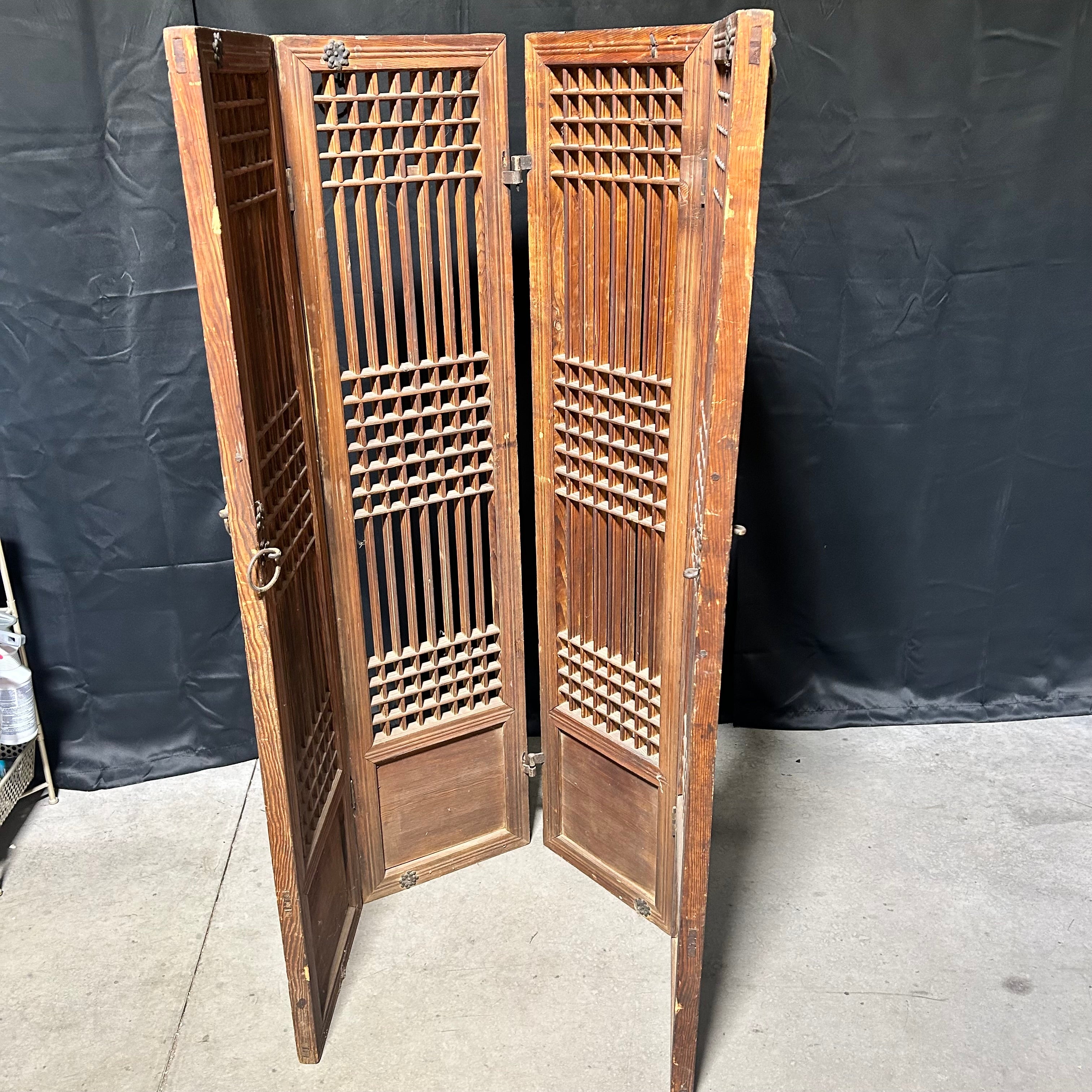 Oriental Antique Four-Panel Wooden Screen With Iron Hardware 62"x 64"
