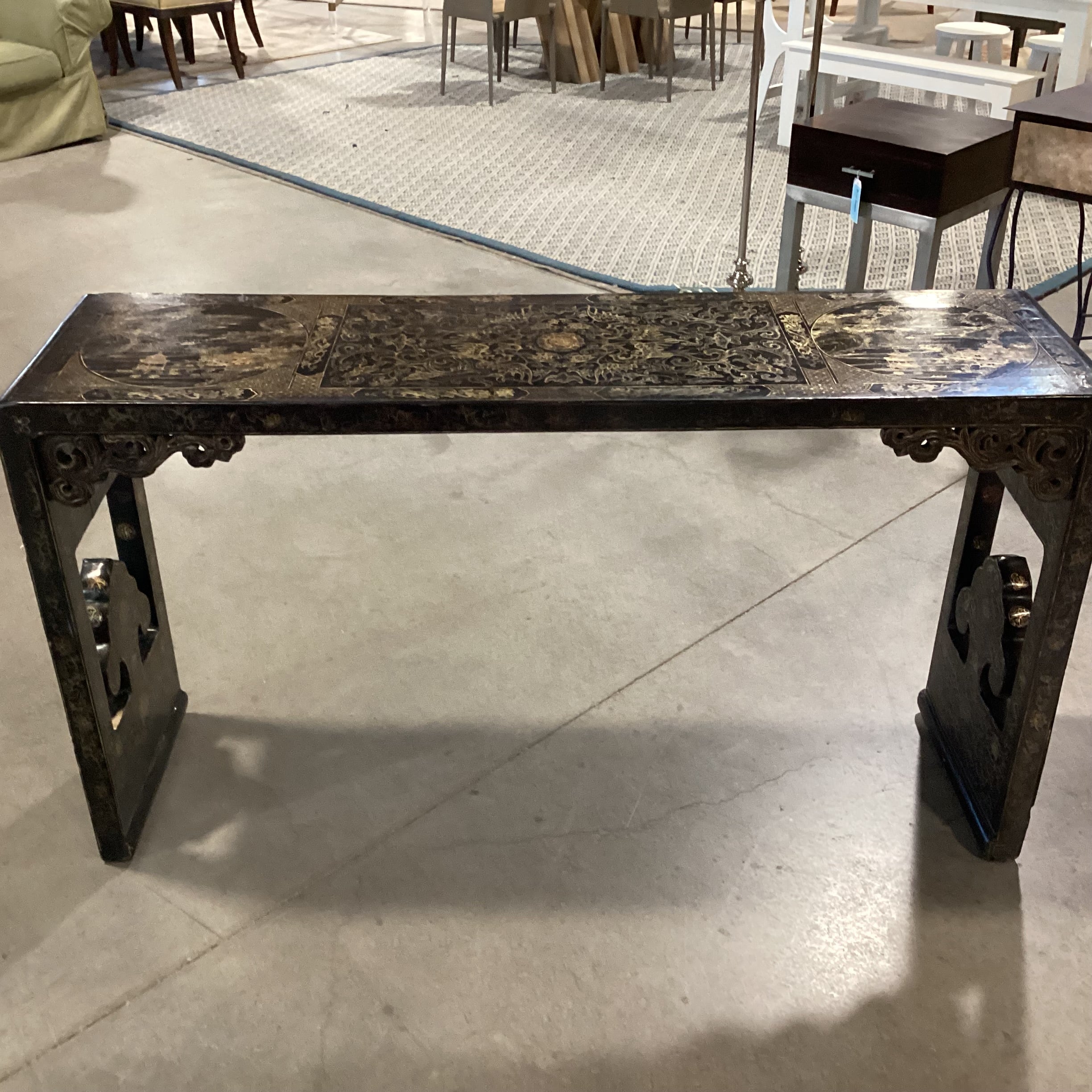 Vintage Chinoiserie Black Lacquer & Gold Hand Painted Console Sofa Table 61"x 16"x 34"