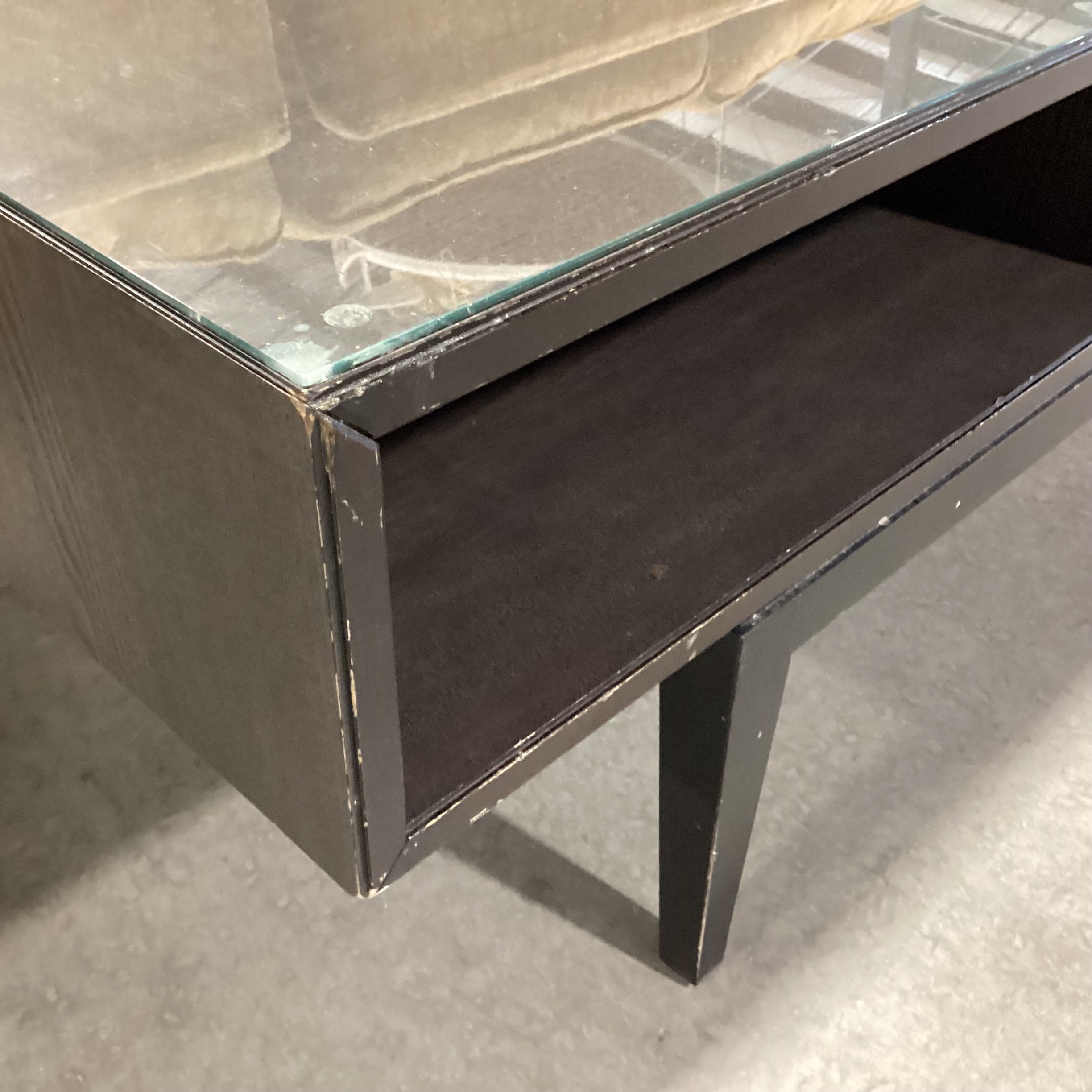 Mid Century Style Dark Wood & Veneer 2 Cubby Glass Top Coffee Table 46.5"x 23.5"x 18.5"