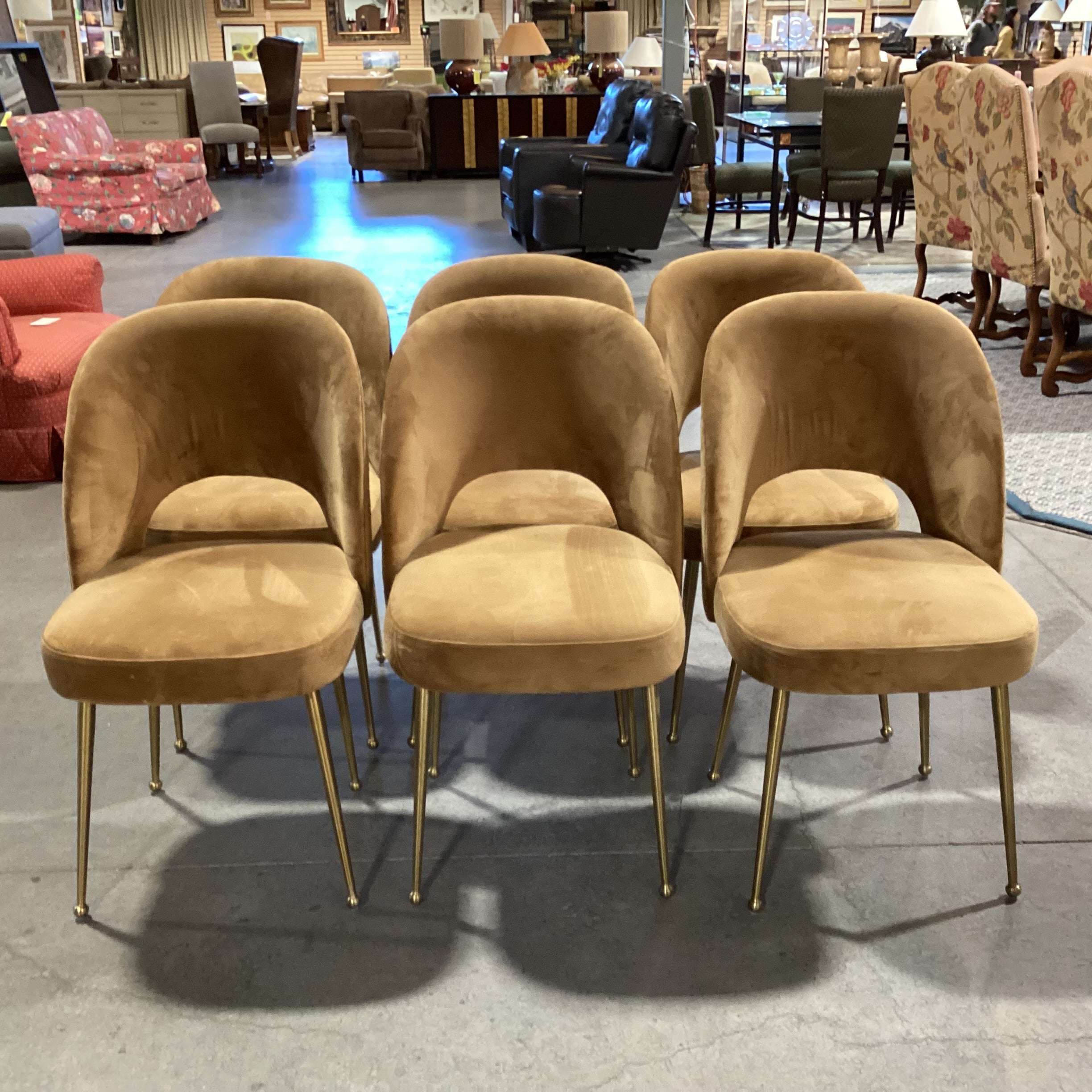 Set of 6 TOV Swell Performance Cognac Velvet & Gold Metal Dining Chairs 18.5"x 21"x 33.5"