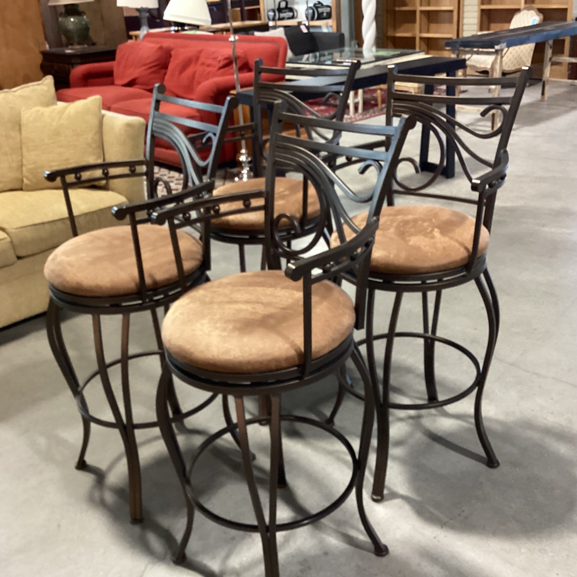 SET of 4 Ornate Metal & Faux Leather Style Swivel Barstools 30"