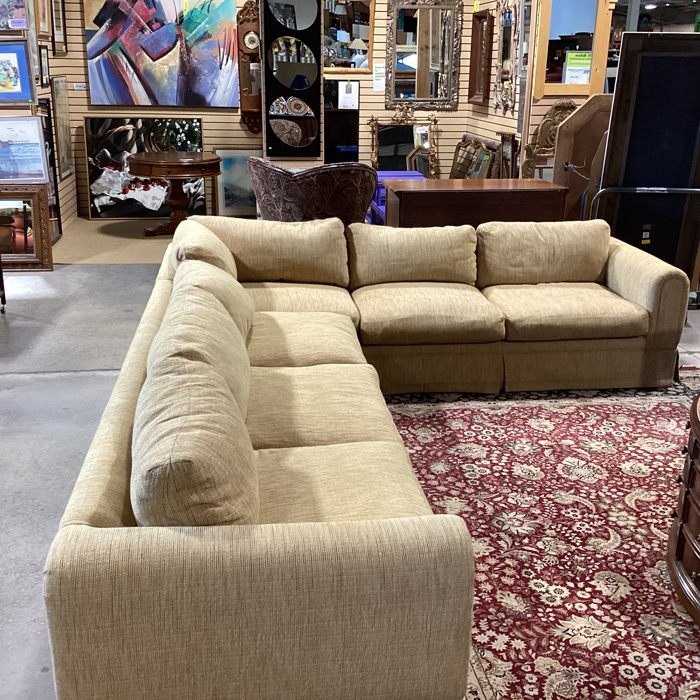 Custom Golden Wheat Woven Down Mix 2 Piece Sectional 132"x 106"x 36"x 27"