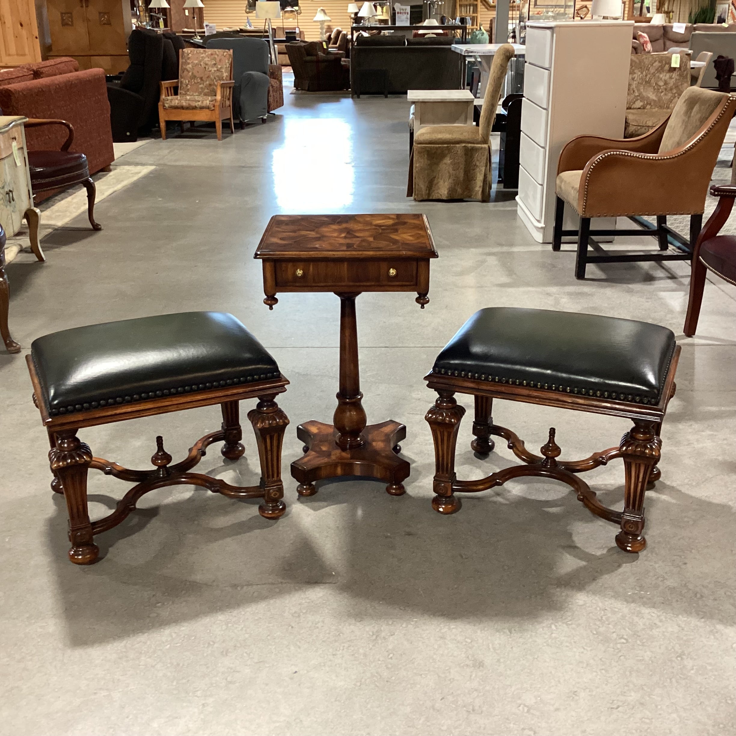 Set of 3 Theodore Alexander Carved Wood Inlay Heart Table & 2 Stool Ottomans Accent Table Set