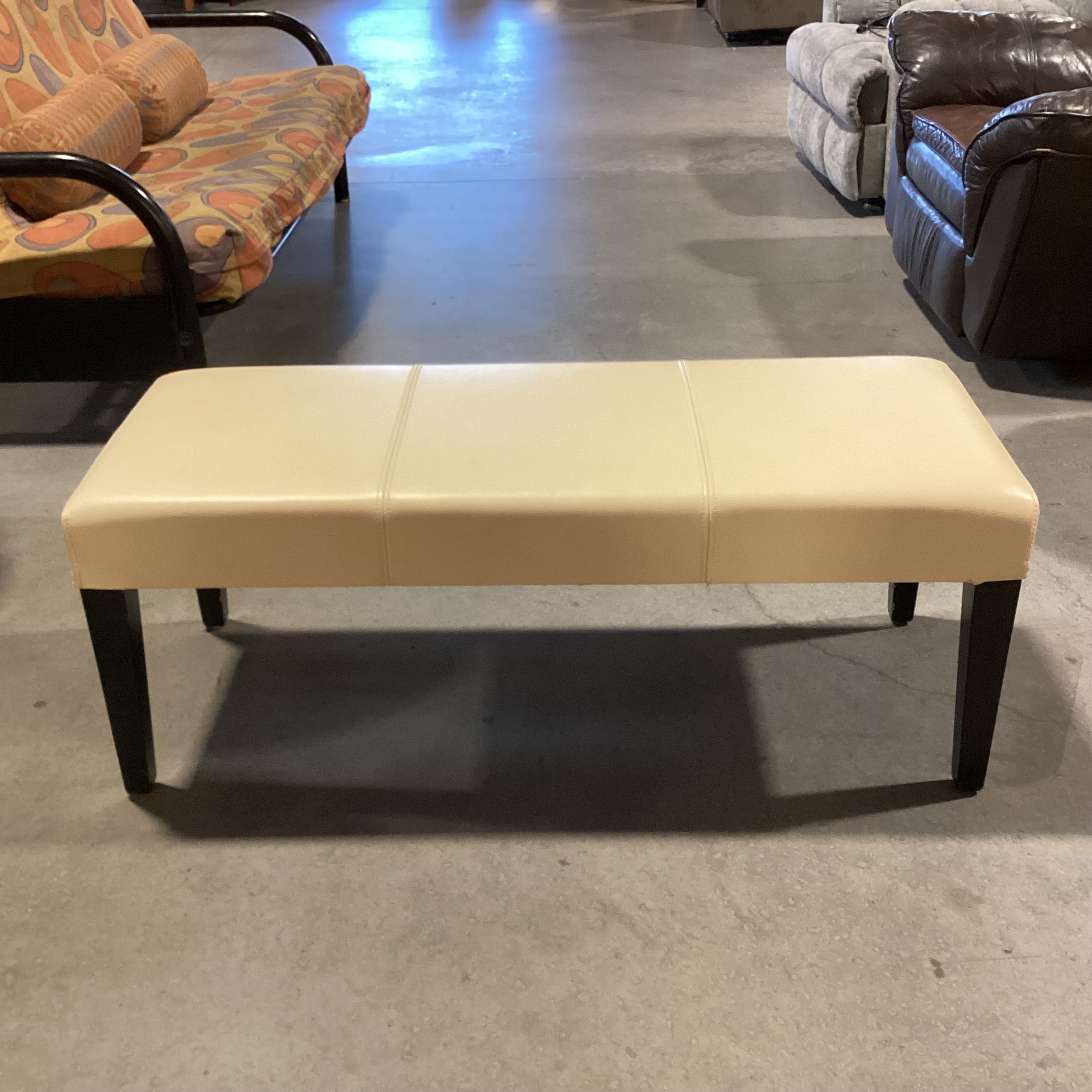 Crate & Barrel Blonde Leather & Black Wood Legs Bench 46.5"x 18.5"x 18.5"