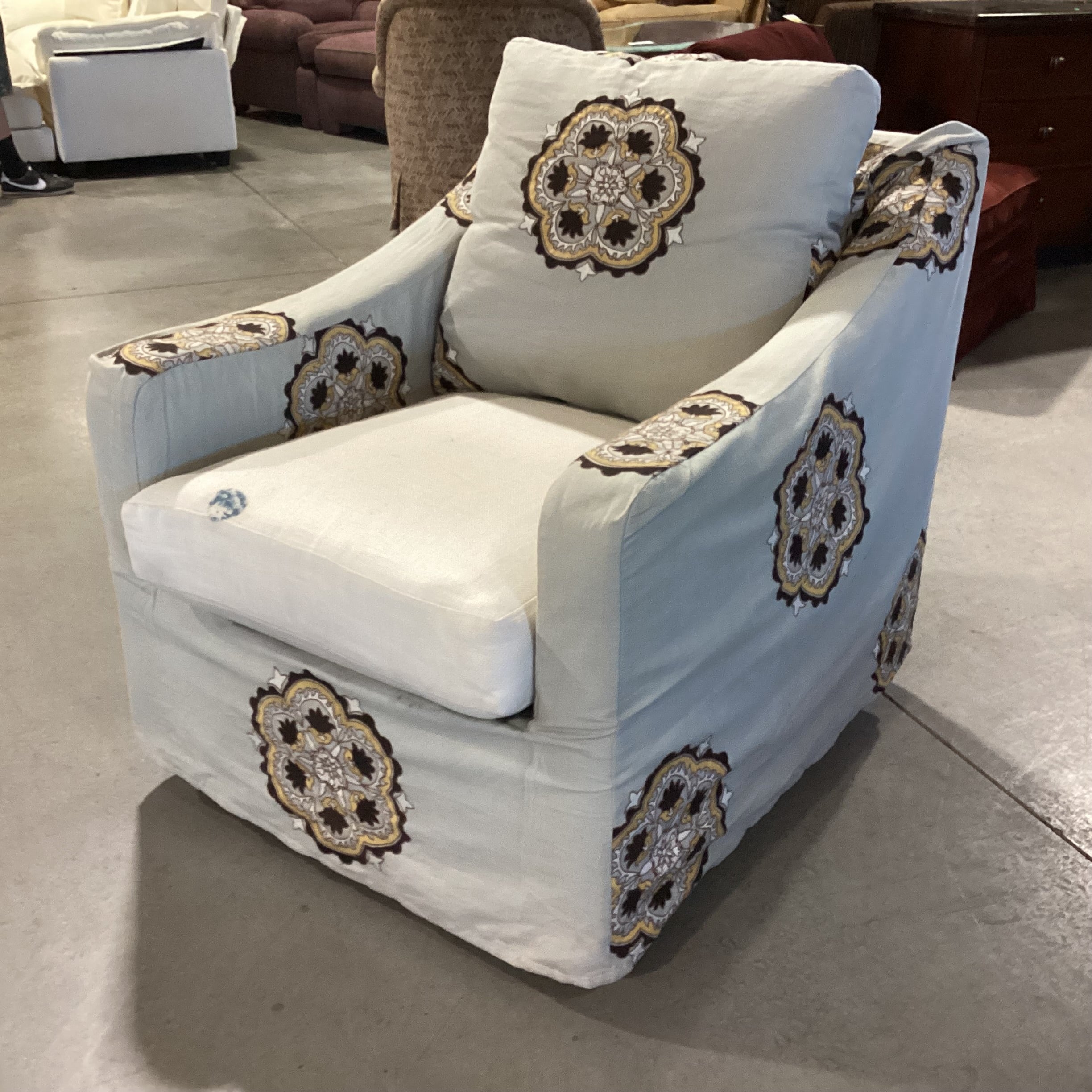 Grey with Brown Gold Medallion Slipcover Down MIx Swivel Chair 32"x 39"x 33"