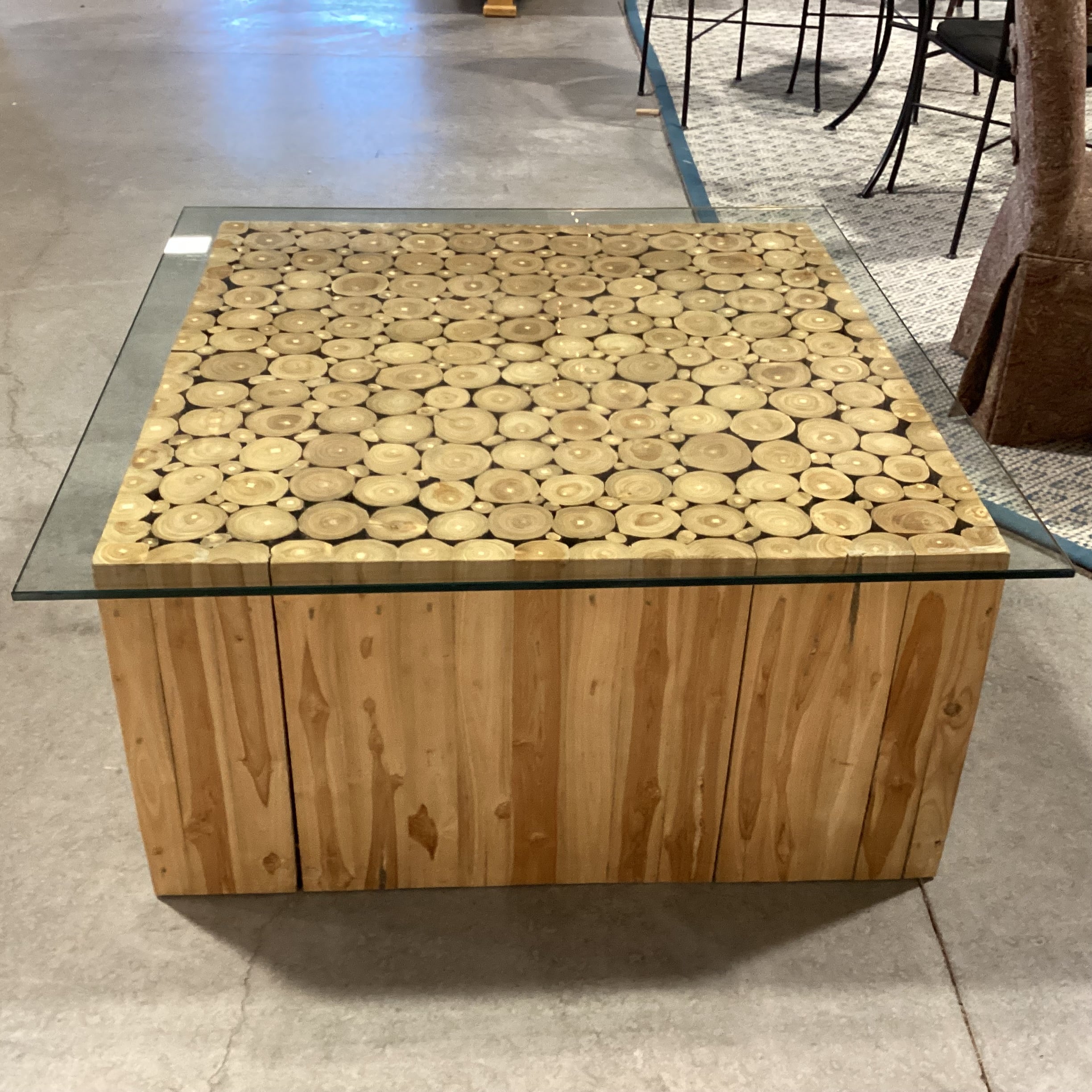 Modern Rustic Square Cut Branch Log And Glass Coffee Table 43.5"x 43.5"x 20.5"