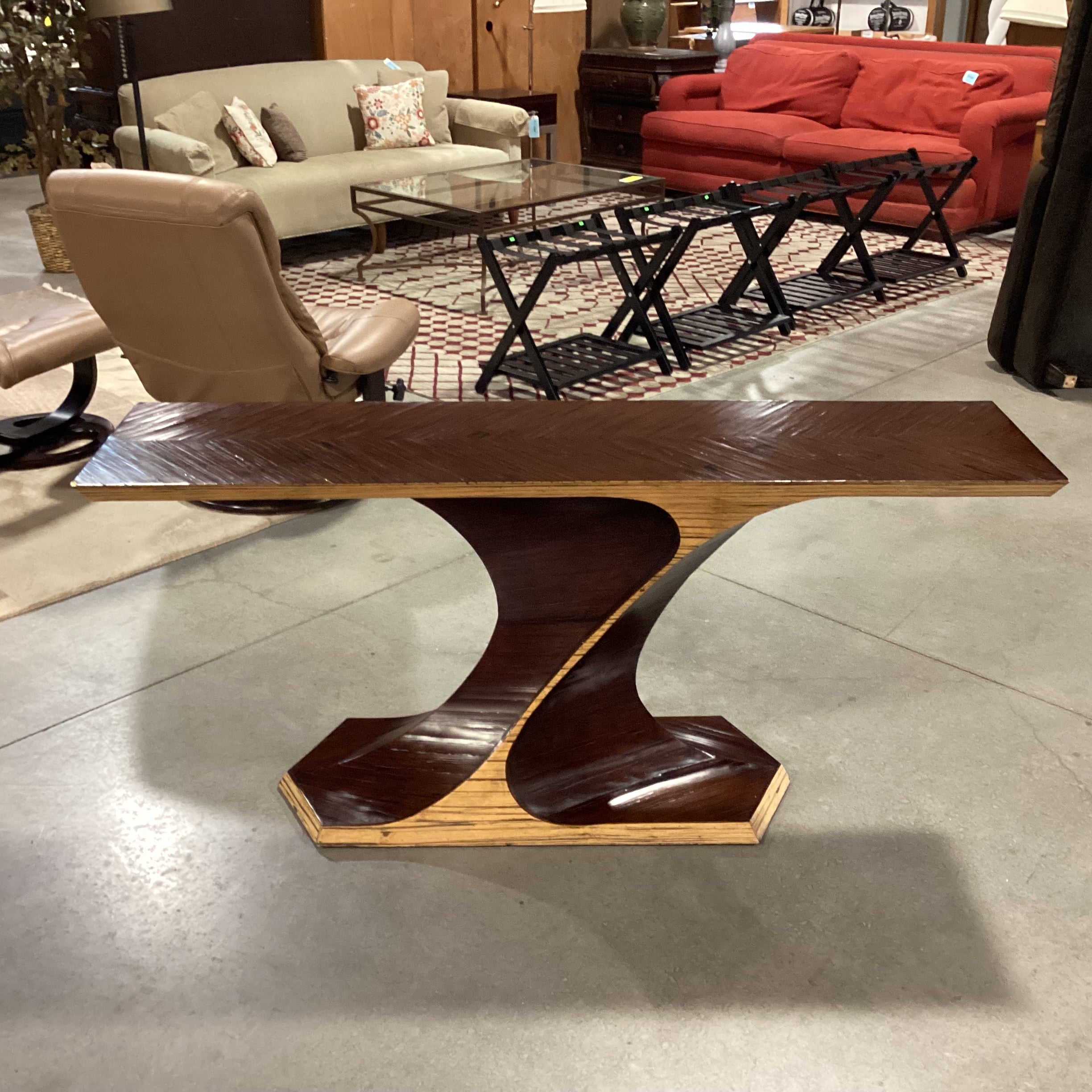 Artistic Sculpted 2 Tone Wood Chevron Detail Console Sofa Table 63.5"x 16"x 29"