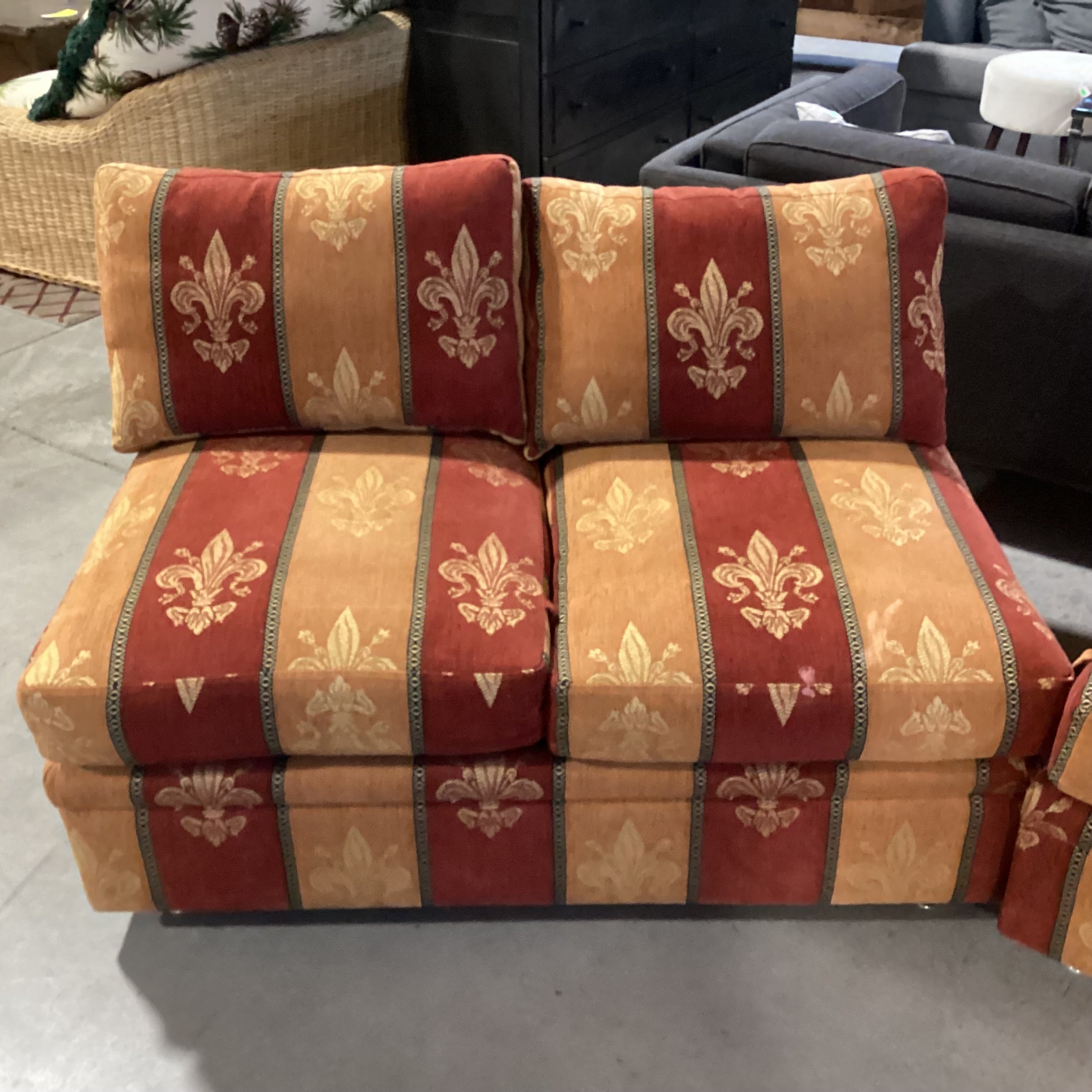 R Jones Custom Rust Gold Fleur De Lis Down Mix 2 Piece Sofa 103"x 37"x 30"
