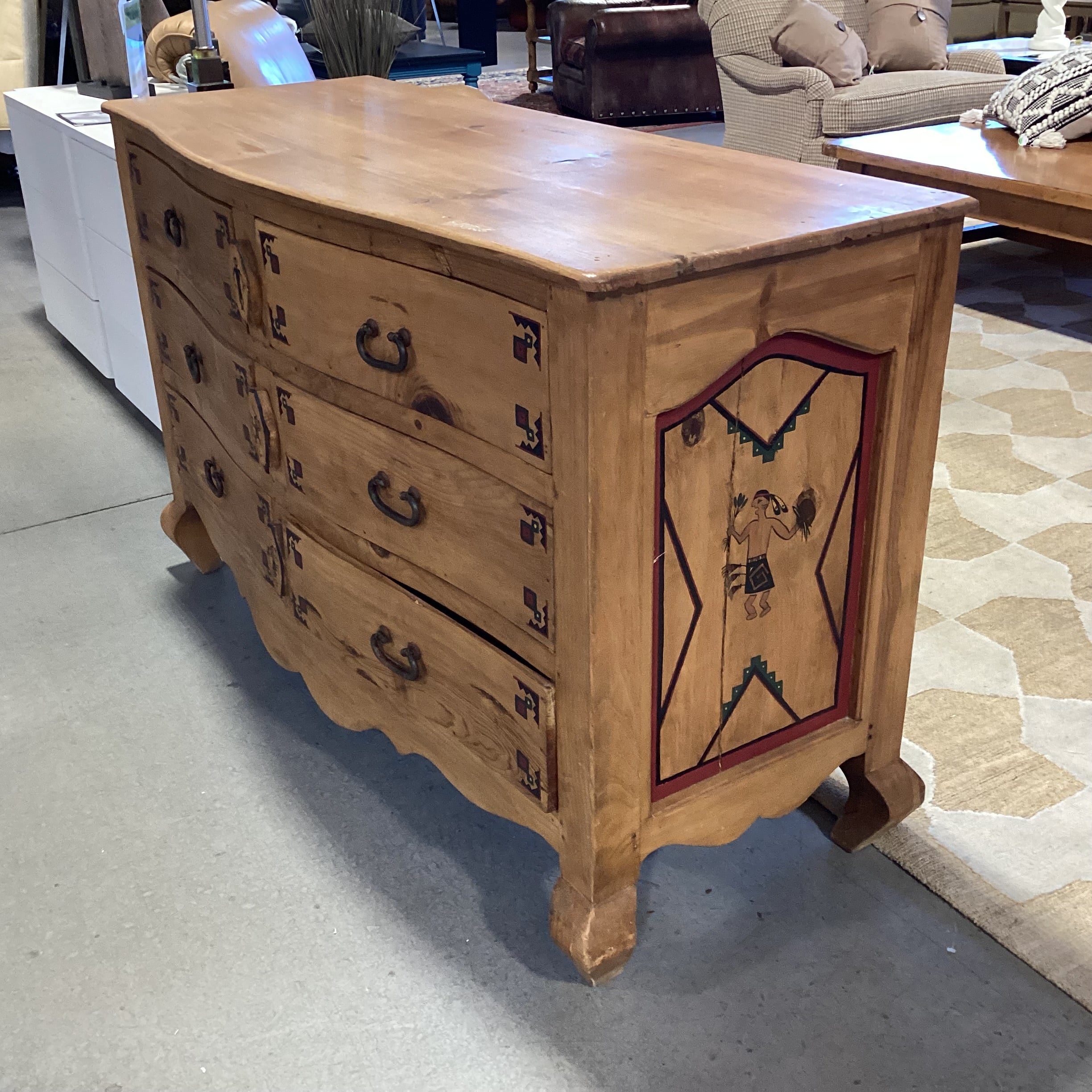 Custom Southwest Hand Painted Solid Natural Carved Wood 6 Drawer Dresser 57.5"x 23"x 35.5"