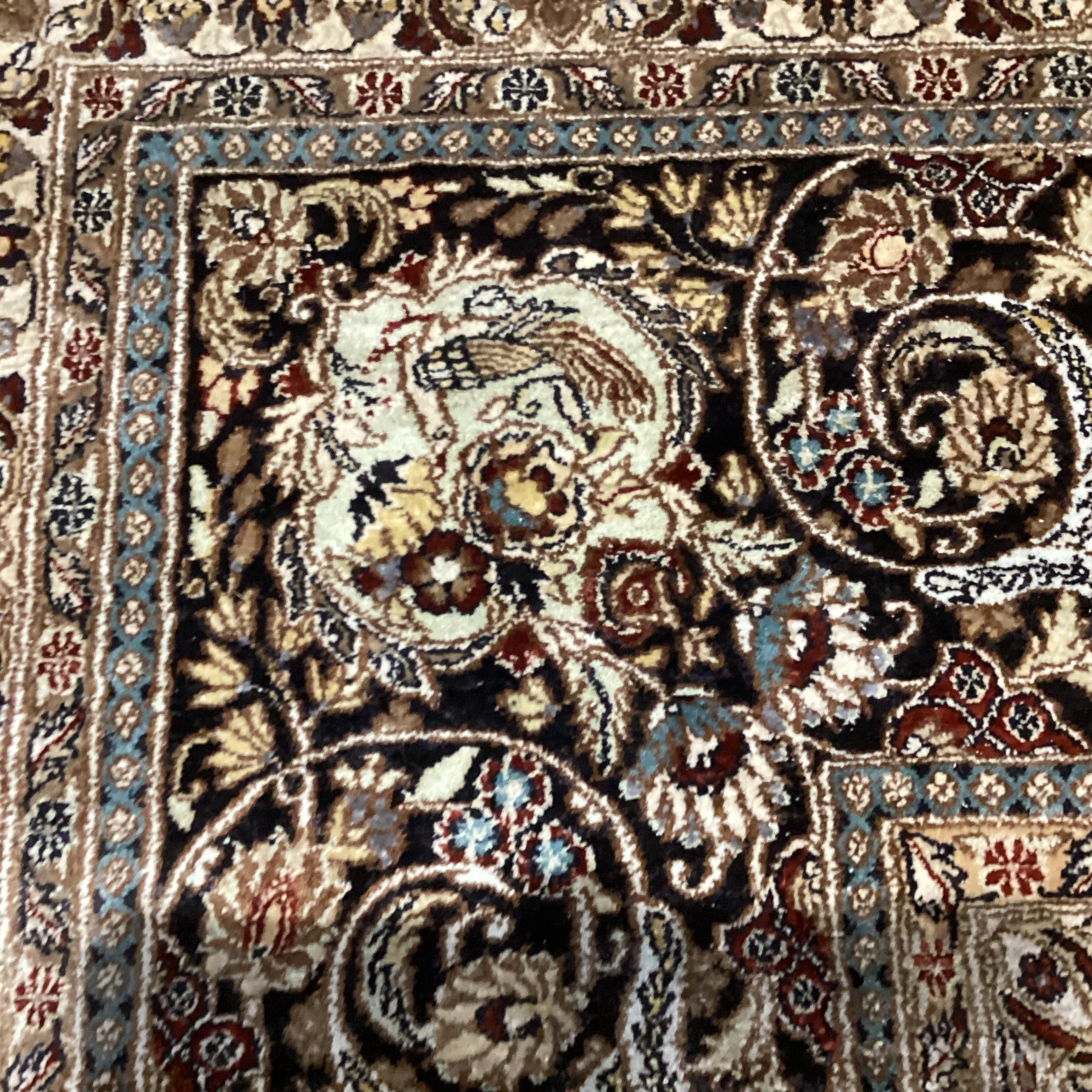 Persian Cream Rust Red Black & Blue Hand Woven Silk Rug 8'1"x 10'1"