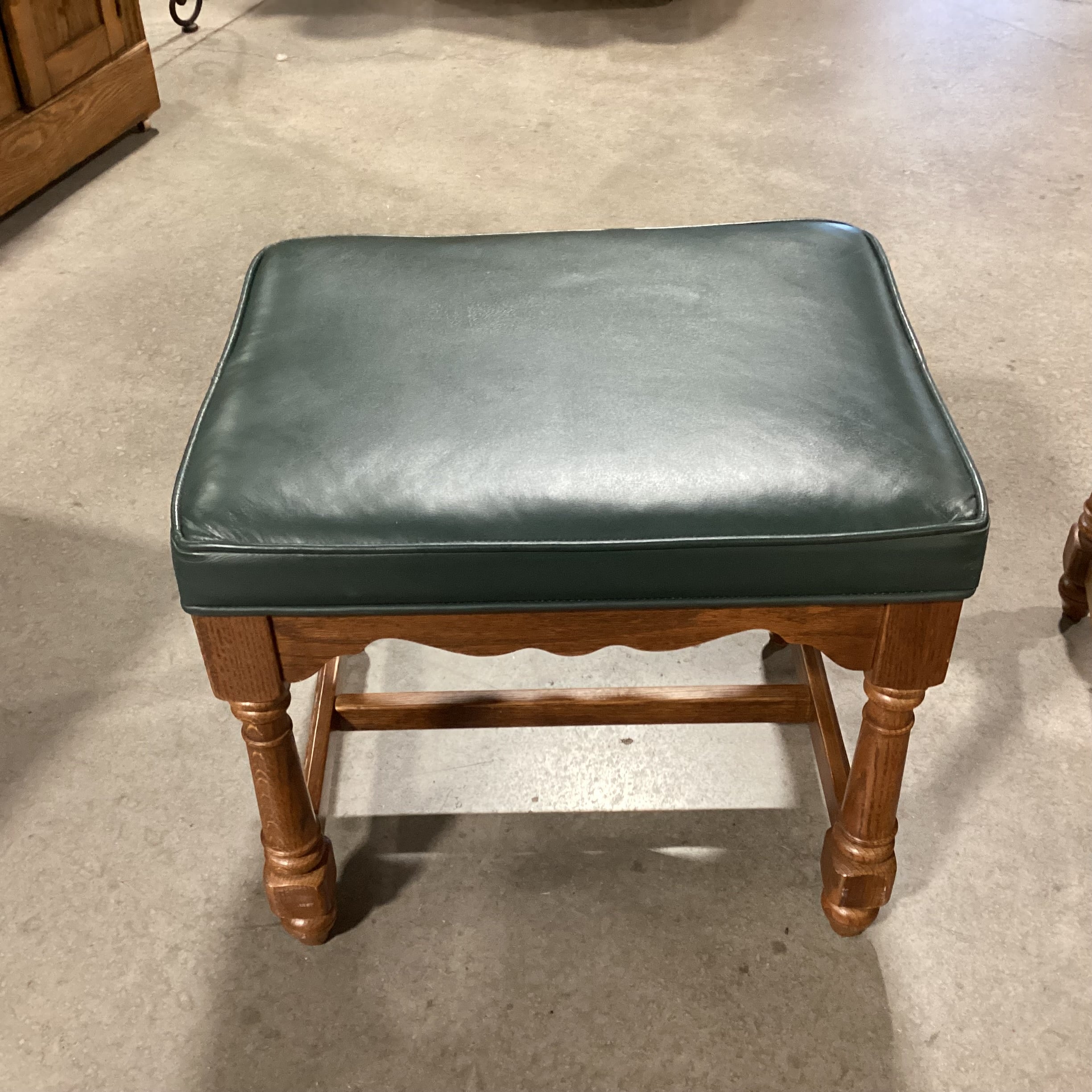 Forest Green Leather & Carved Wood Stool Ottoman 21"x 17"x 18.5"