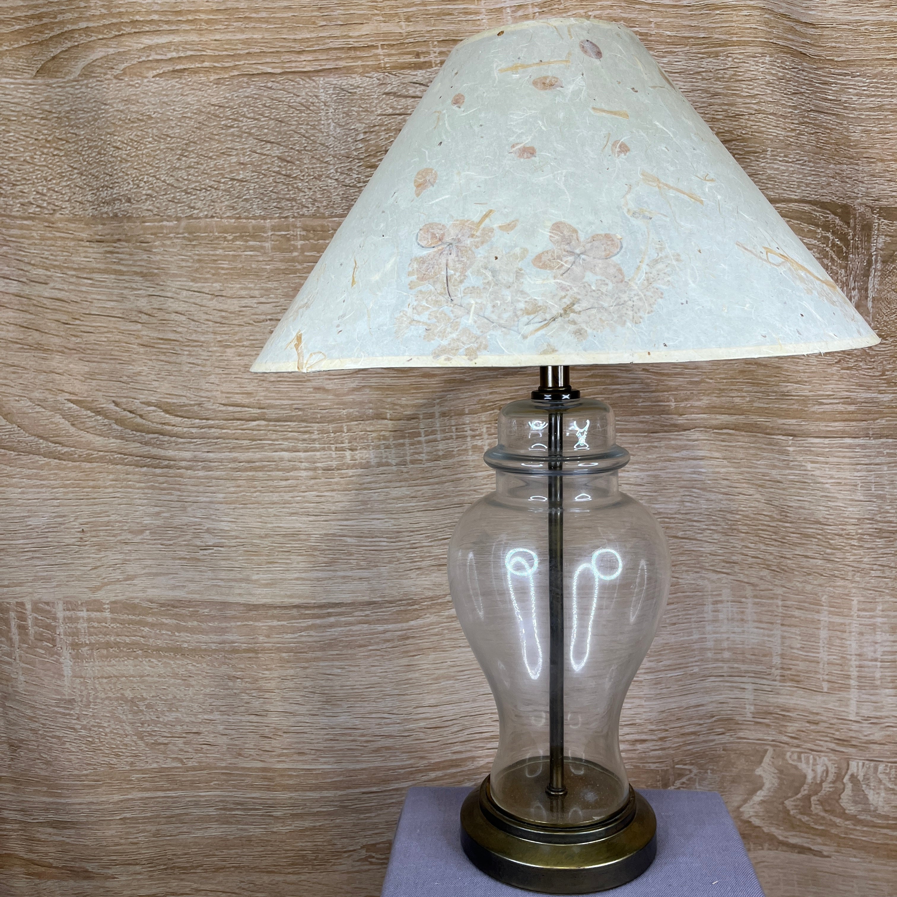 Vintage Clear Glass Ginger Jar & Brass Base with Pressed Flower Shade Table Lamp 8" Diameter x 24"