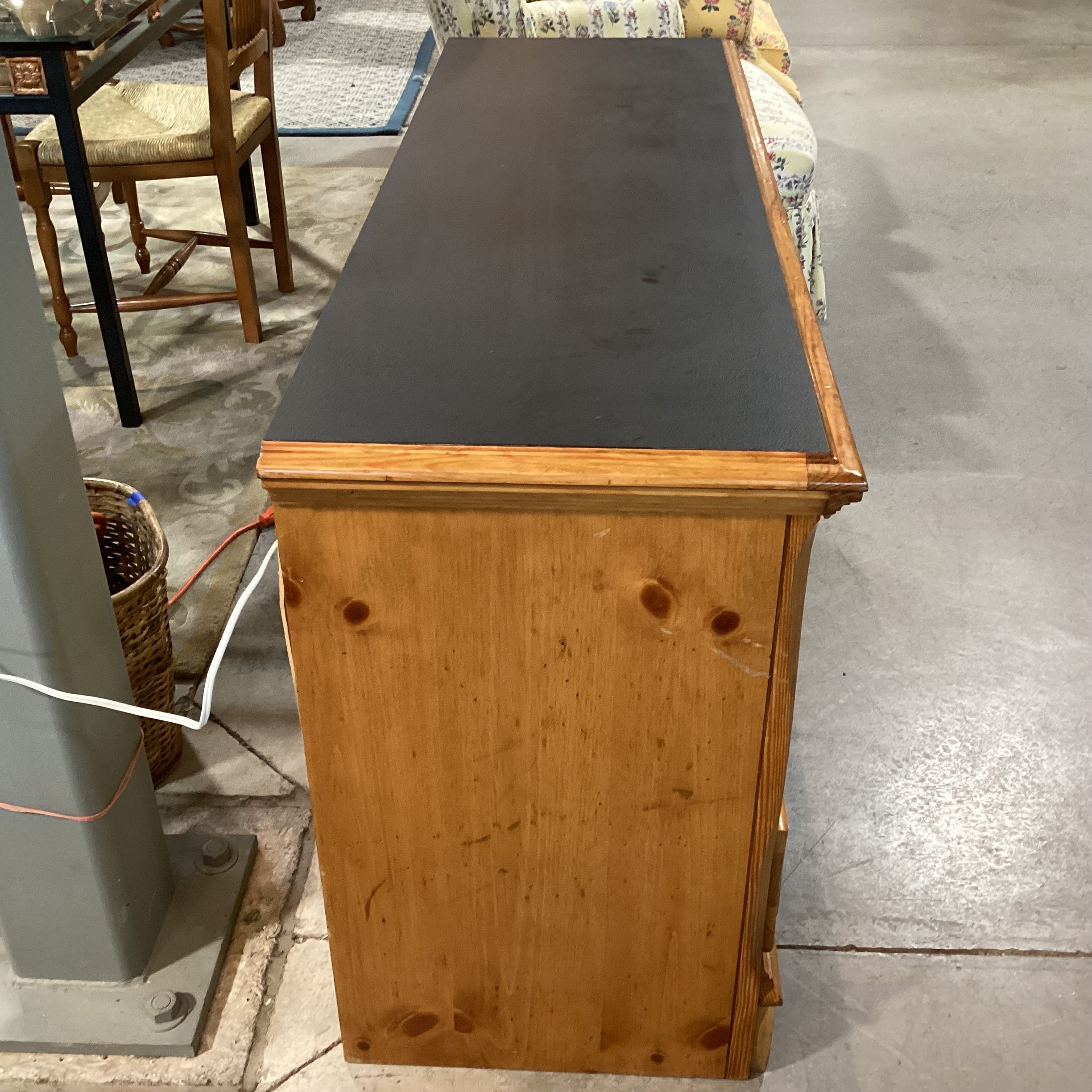 Carved Pine with Black Top Glass Slots Wine Rack 2 Drawer & Lighted Bar Buffet 54"x 18"x 30"