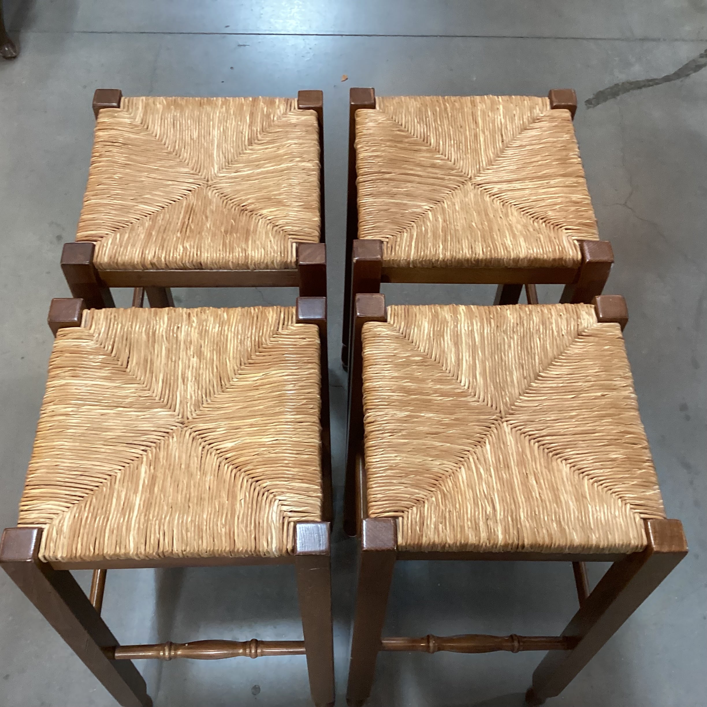 SET of 4 Carved Wood & Rush Seat Barstools 30"