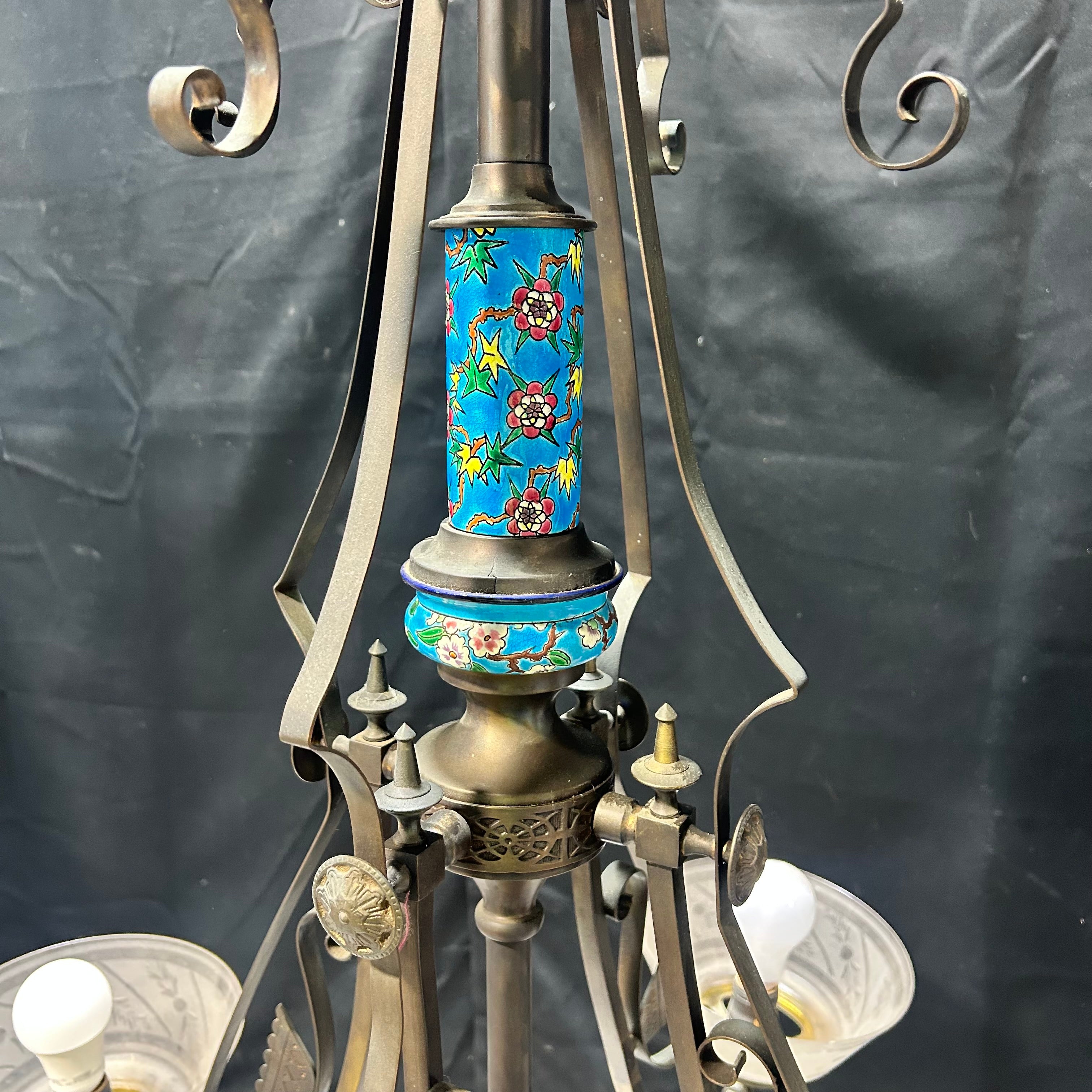 4-Light Aesthetic Eastlake Gas Chandelier Circa 1870  With Ceramic and Etched Glass 33"x 57"