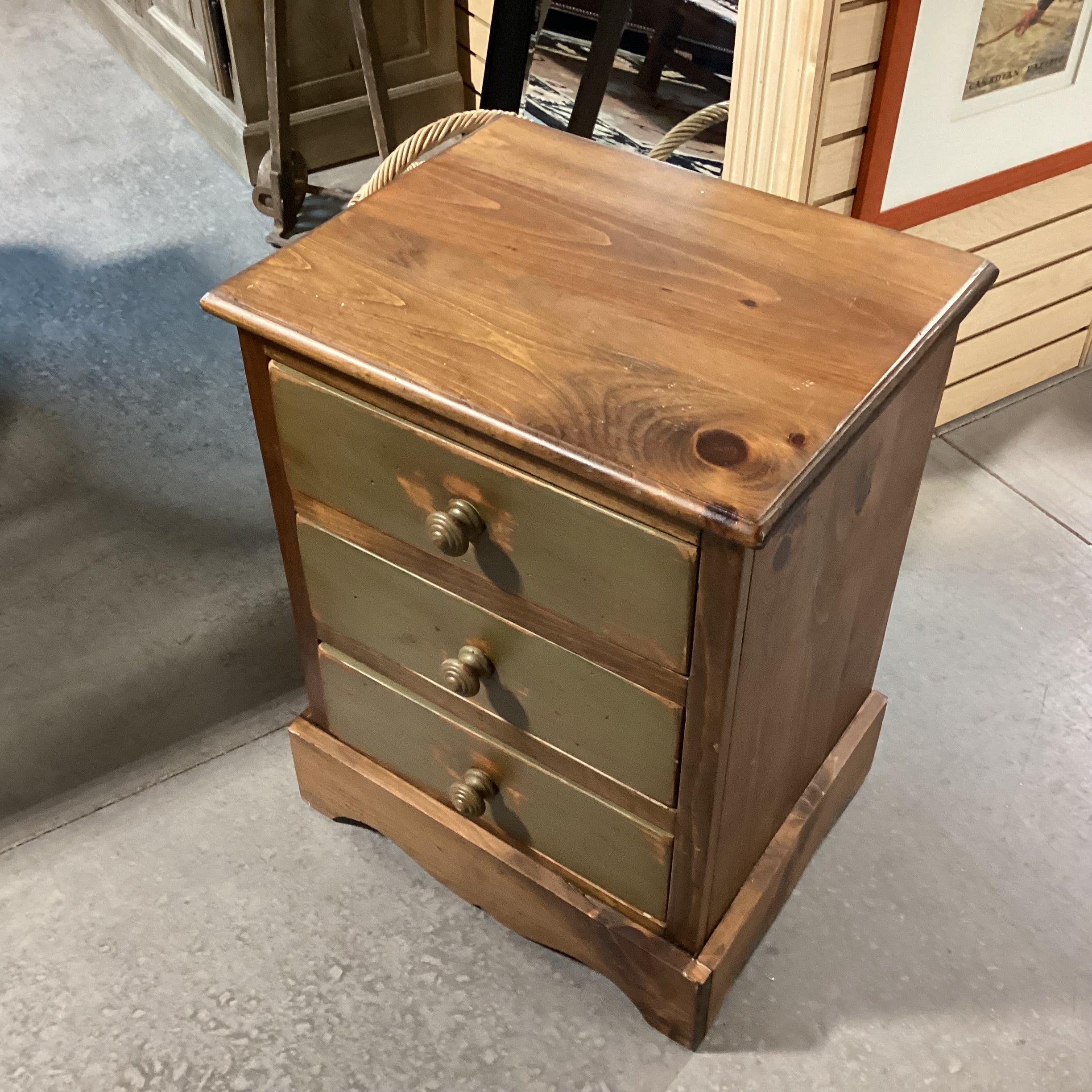 Rustic Distressed Pine with Olive Accent 3 Drawer Nightstand 20"x 16"x 26.5"