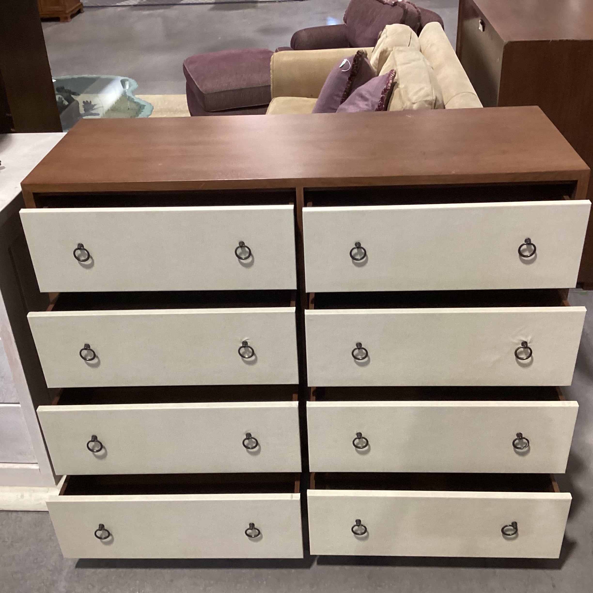 Finished Wood With Cream Faux Leather 8 Drawer Dresser 54"x 22"x 42"