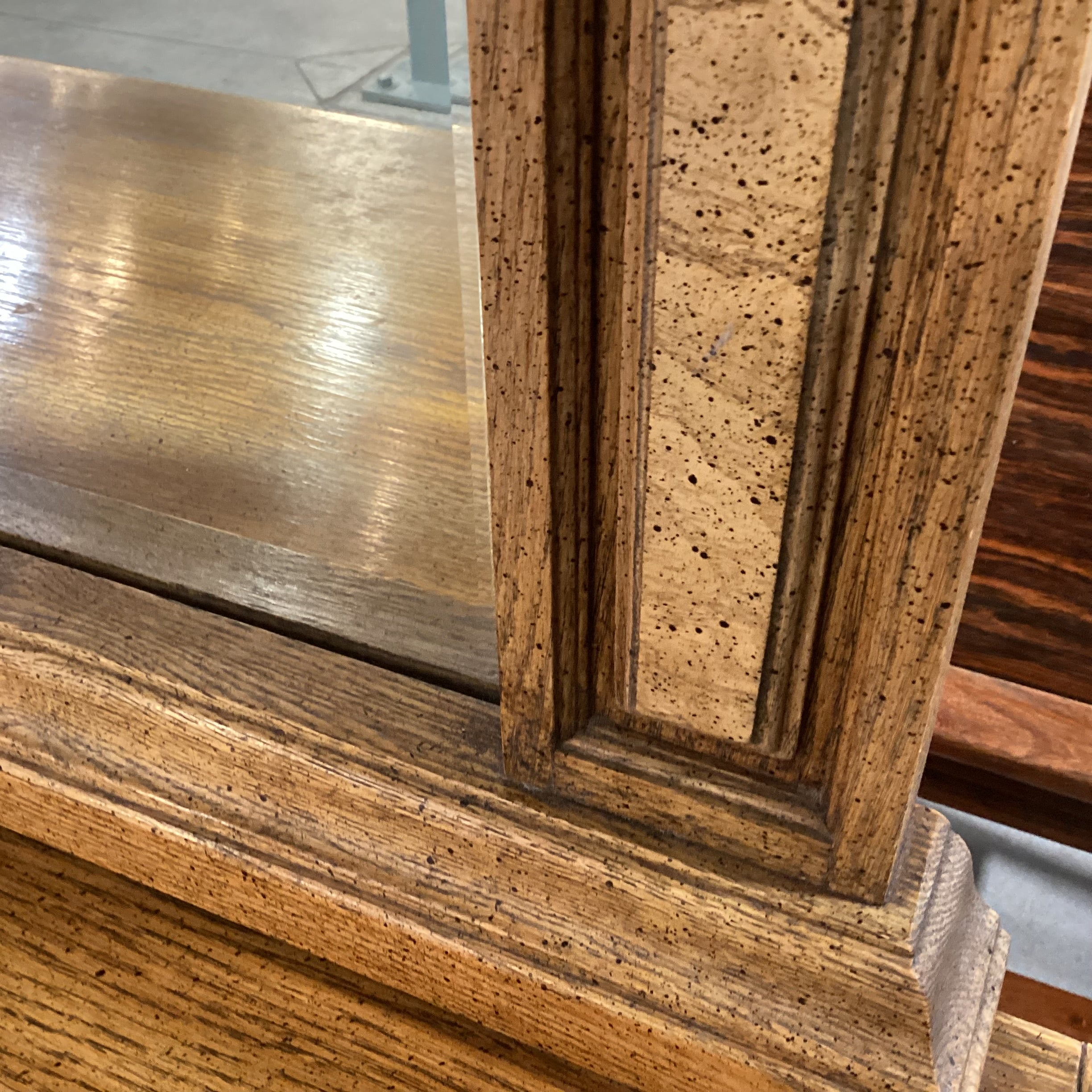 Vintage Speckled Finish Oak with Brass Accent & Double Mirrors 9 Drawer 2 Door Dresser 82.5"x 19.5"x 82.5"
