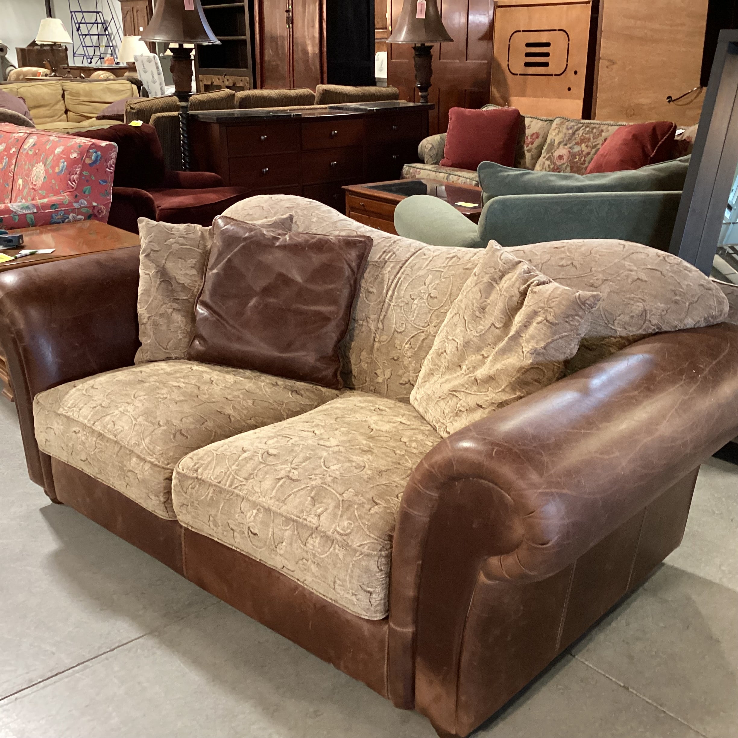Tan Leaf Vine Design Upholstery & Leather Love Seat Sofa 74"x 37"x 32"