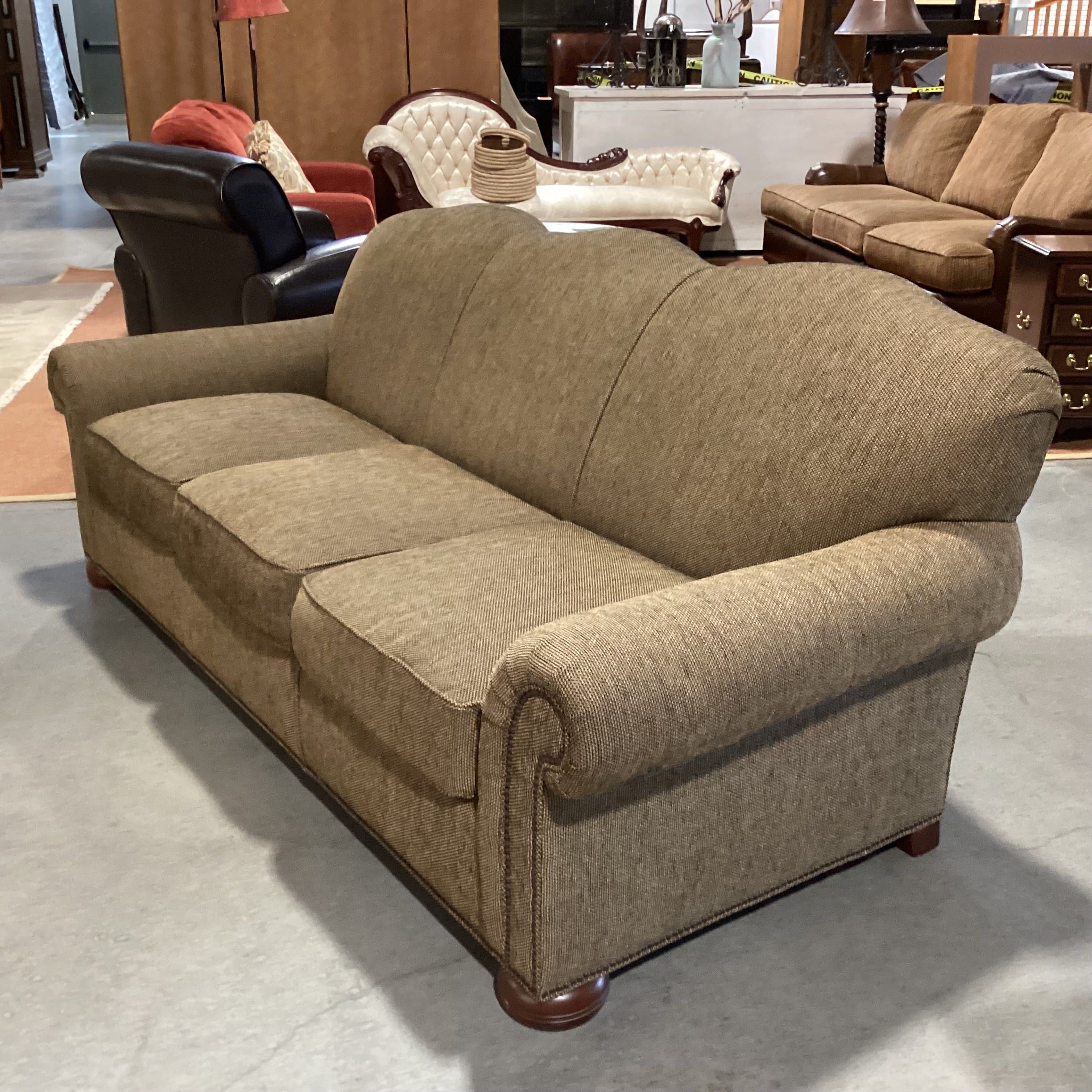 David Gilbert & Associates Brown Tan Woven Roll Arm Nailhead Sofa 87"x 38"x 36"