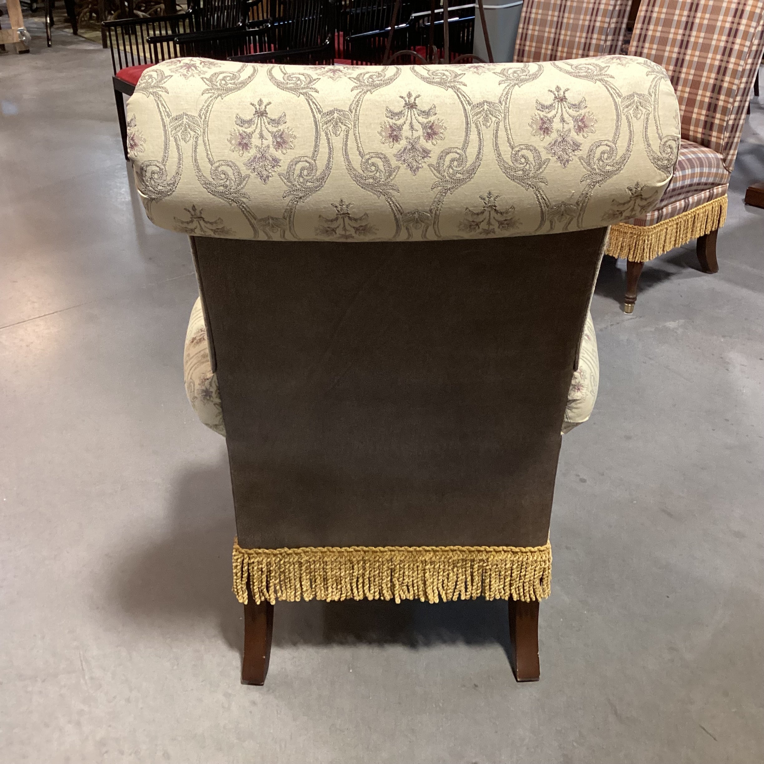 SET of 10 Custom Gold with Ornate Red Floral Leather & Fringe Roll Arm Back Dining Chairs 23"x 30"x 46"