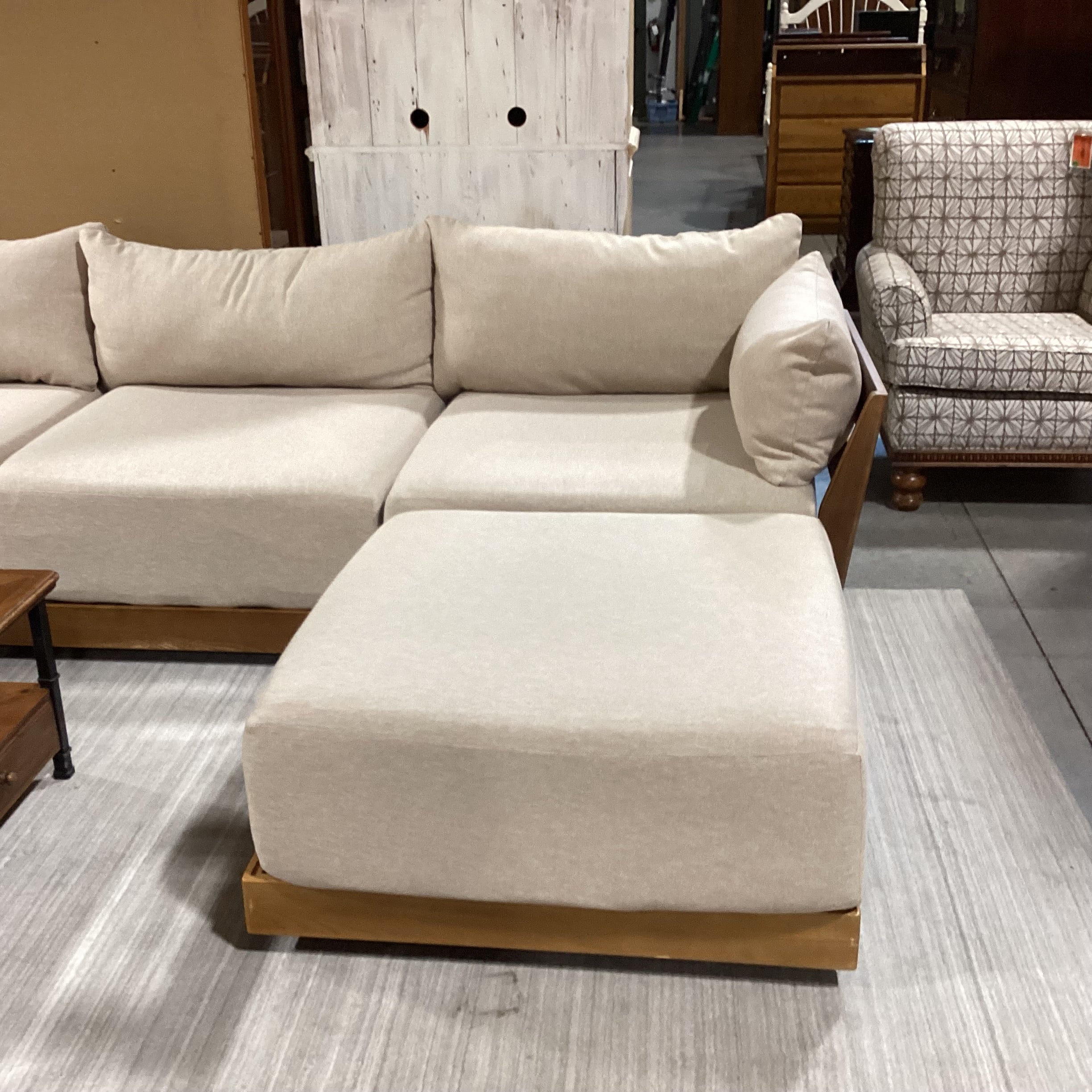 Bondi Mid Century Style Wood Base & Beige Cushions 4 Piece Modular Sectional 118"x 80"x 42"x 26"
