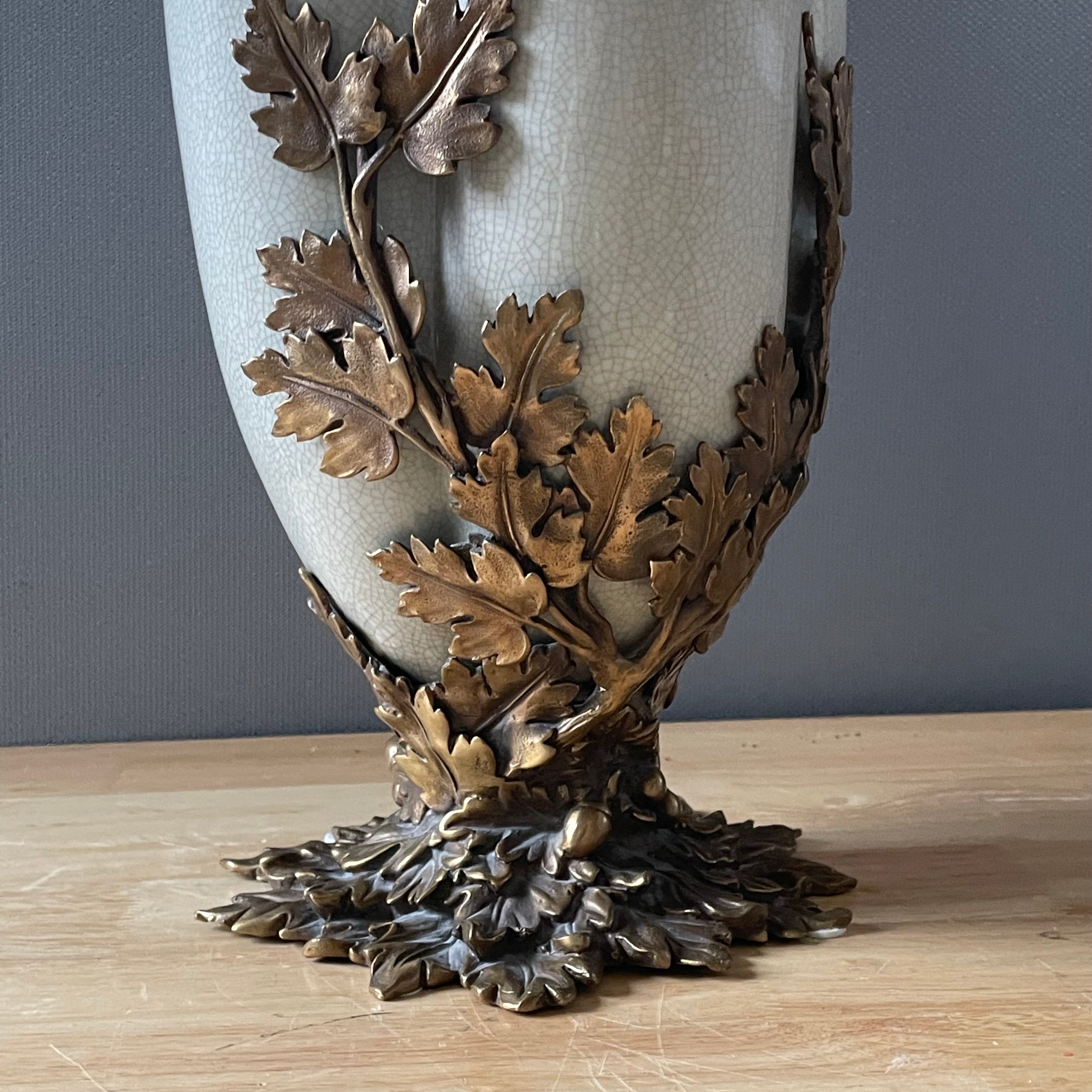 Porcelain Crackle Glazed, Brass Acanthus Leaves Design Base Vase/Plinth, 8.5"x 15.5"